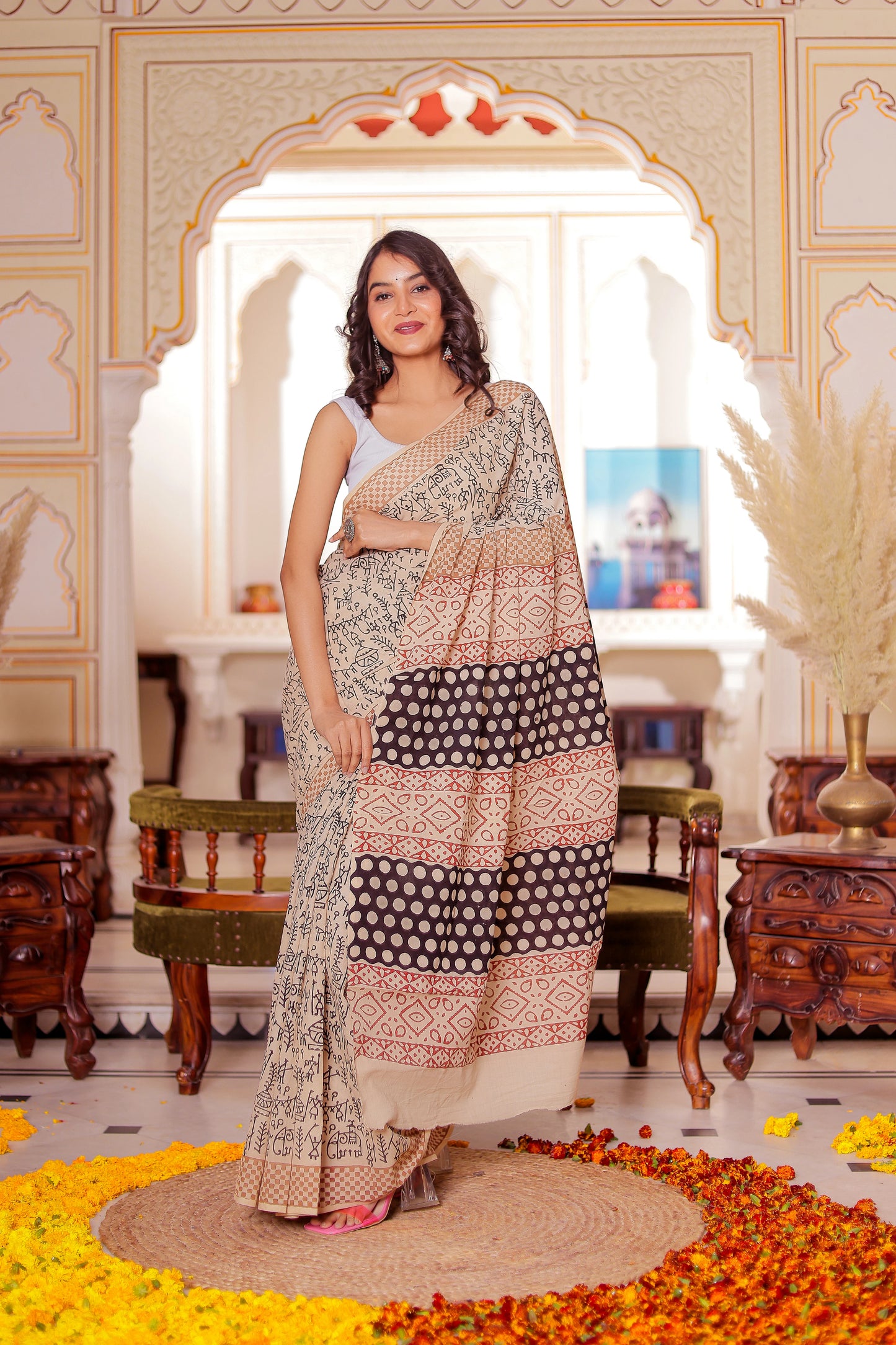 Varli (Animal) Print Bagru HandBlock Pure Cotton Saree