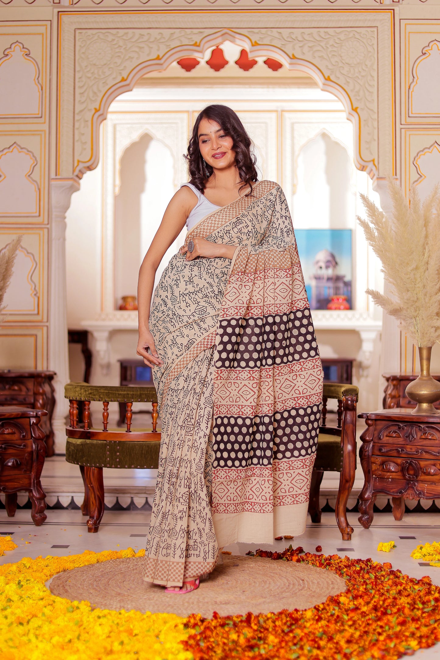 Varli (Animal) Print Bagru HandBlock Pure Cotton Saree