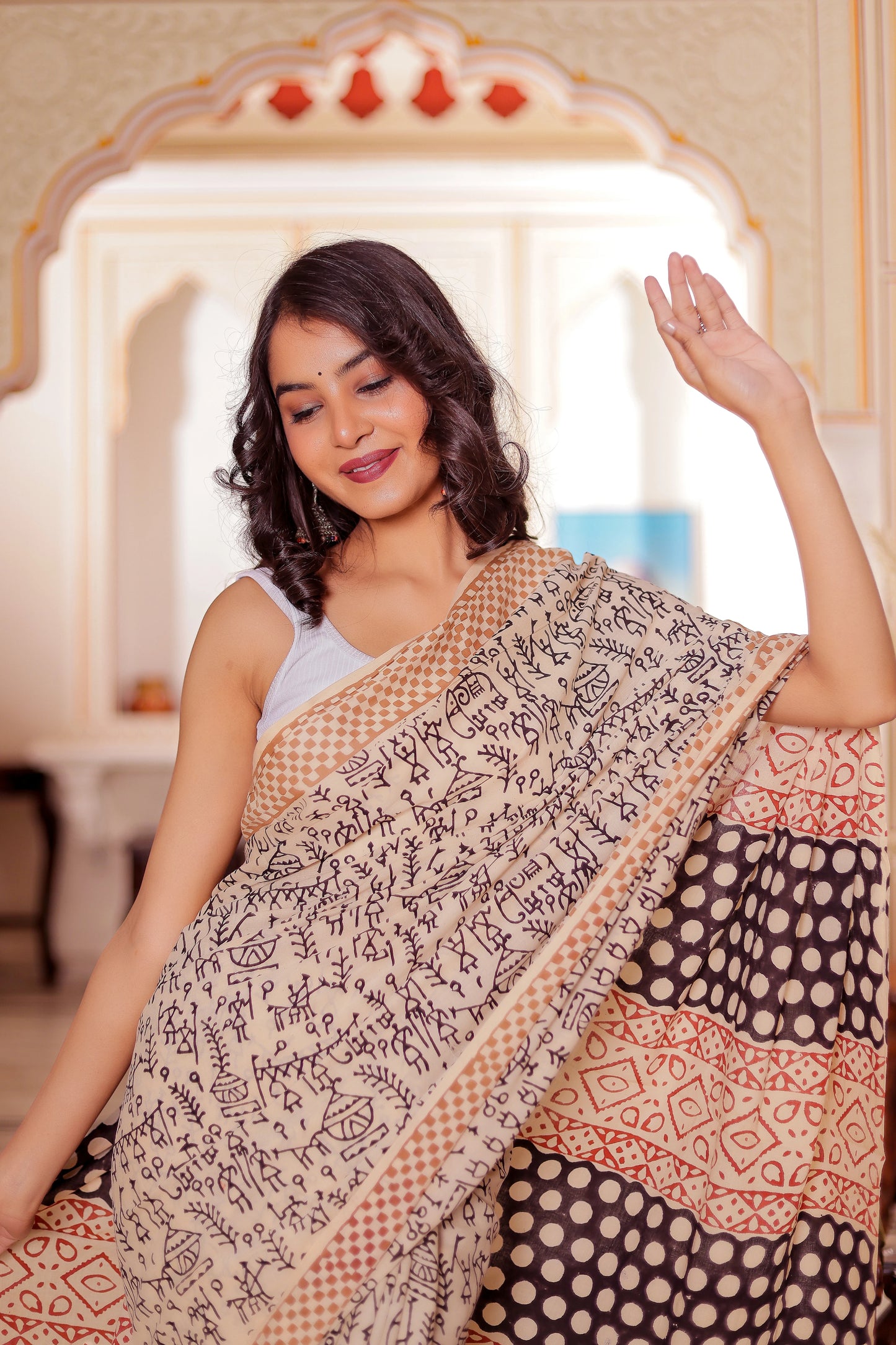 Varli (Animal) Print Bagru HandBlock Pure Cotton Saree