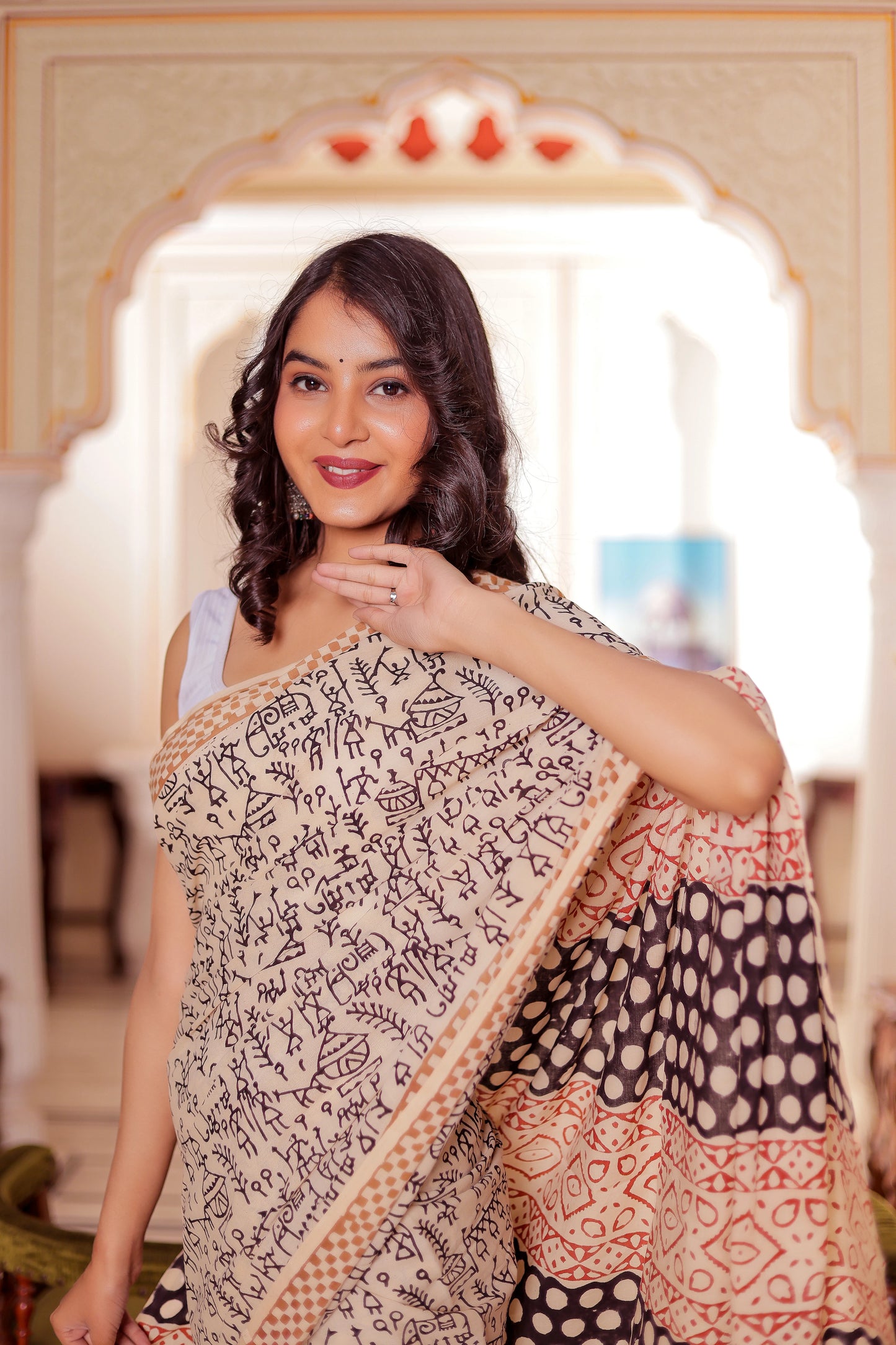 Varli (Animal) Print Bagru HandBlock Pure Cotton Saree