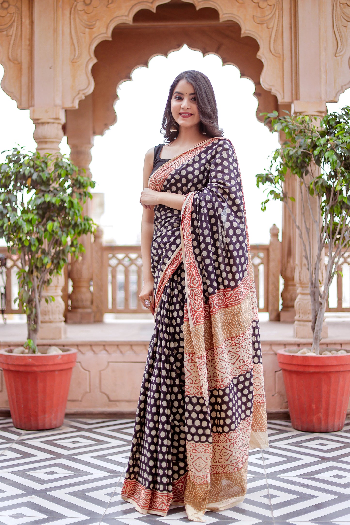 Polka Dot Bagru Bagh Block Print Pure Cotton Saree