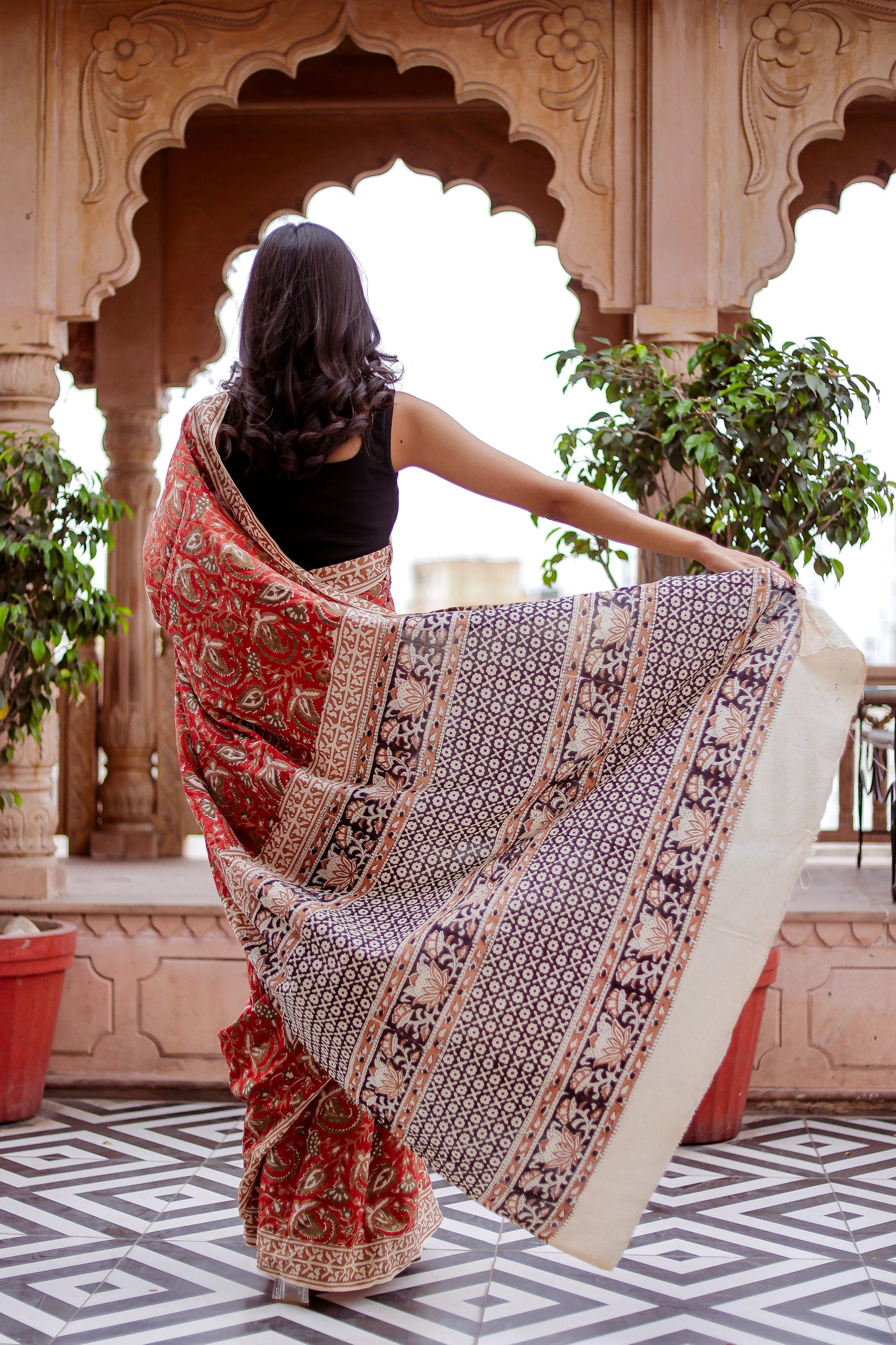 Red Gadh Bagru Bagh Block Print Pure Cotton Saree