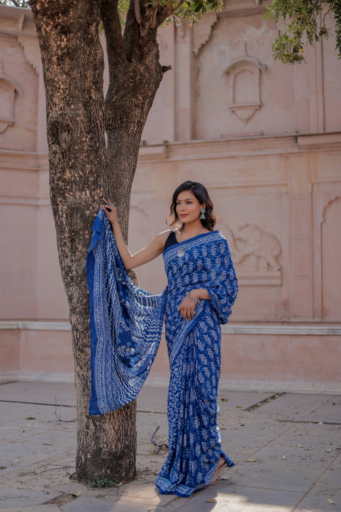 Indigo Blue Daabu Block Print Pure Cotton Saree