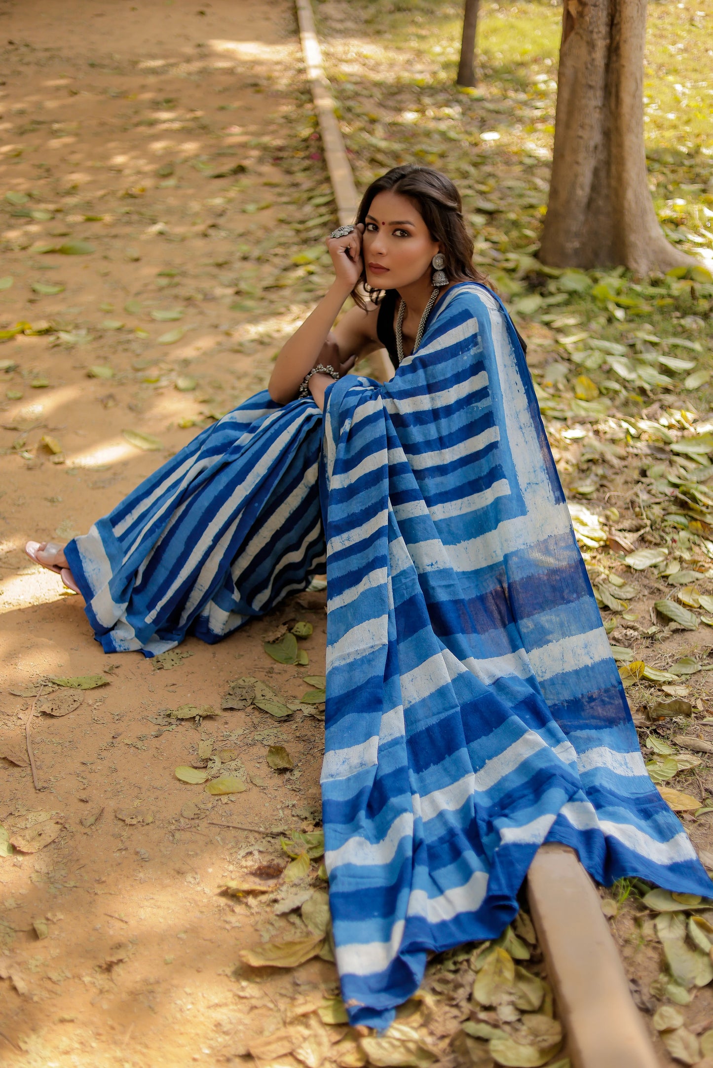 Indigo Blue Daabu Salli Block Print Pure Cotton Saree