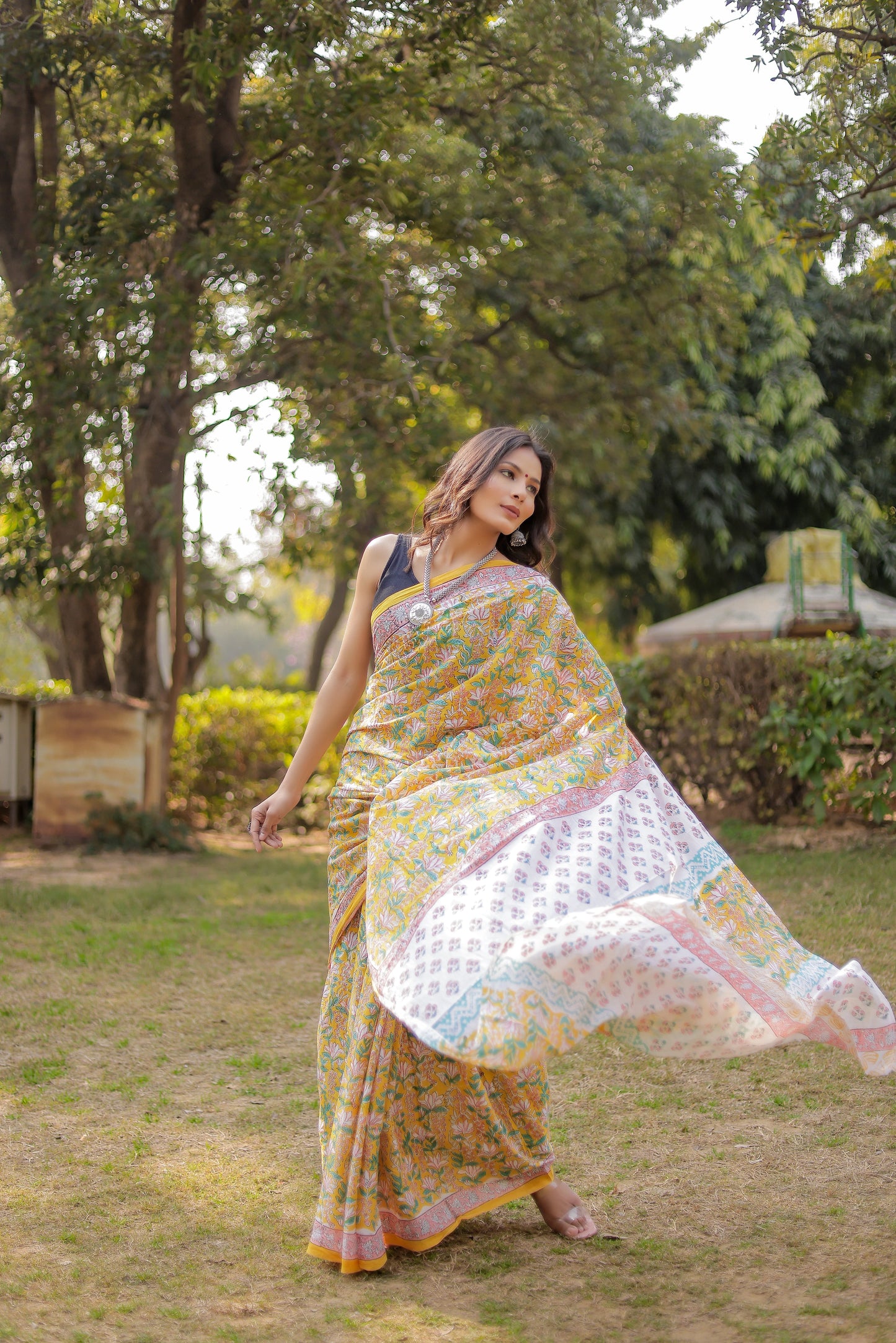 Rapid gadh Yellow Hand Block Print Pure Cotton Saree