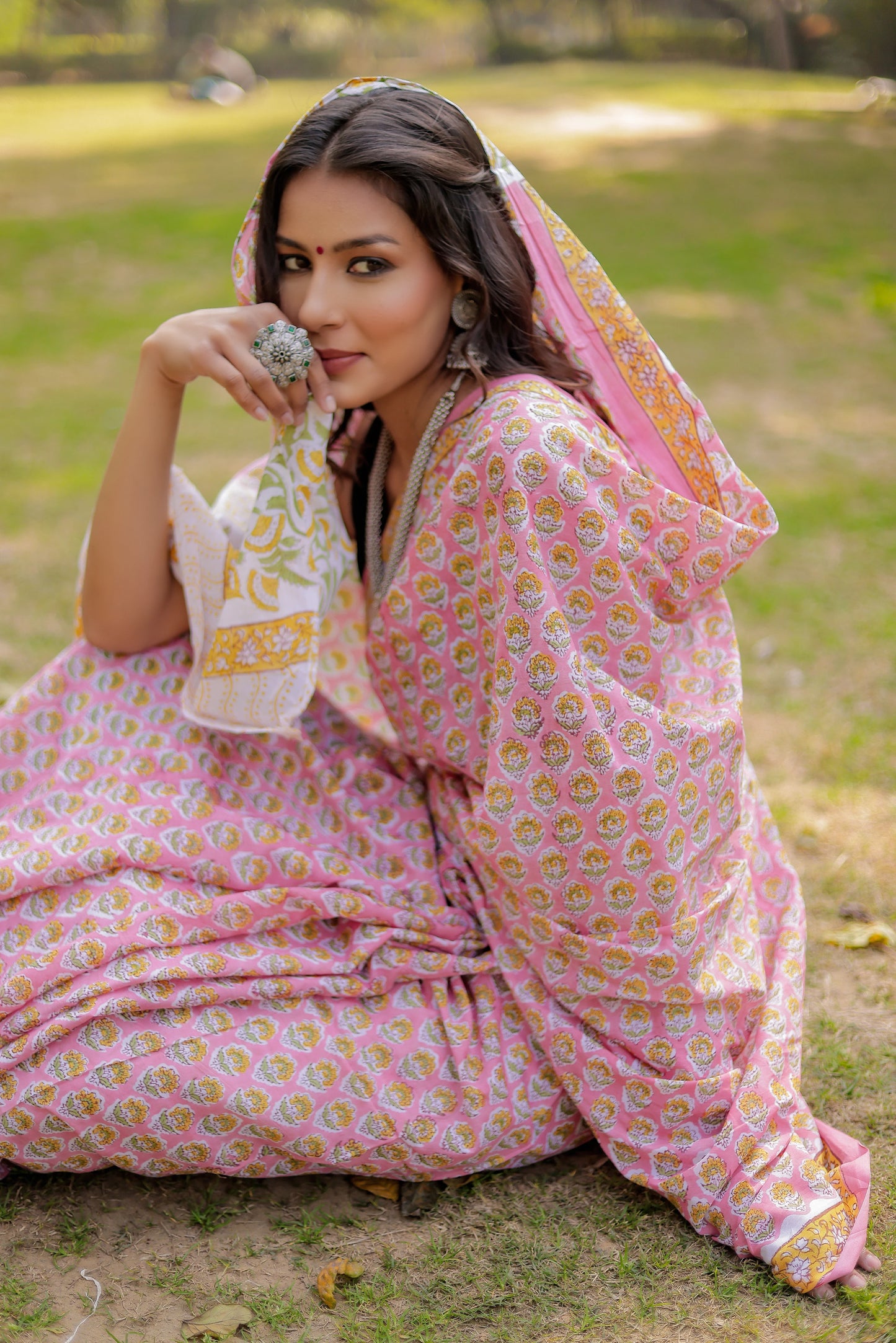 Rapid gadh pink booti Hand Block Print Pure Cotton Saree