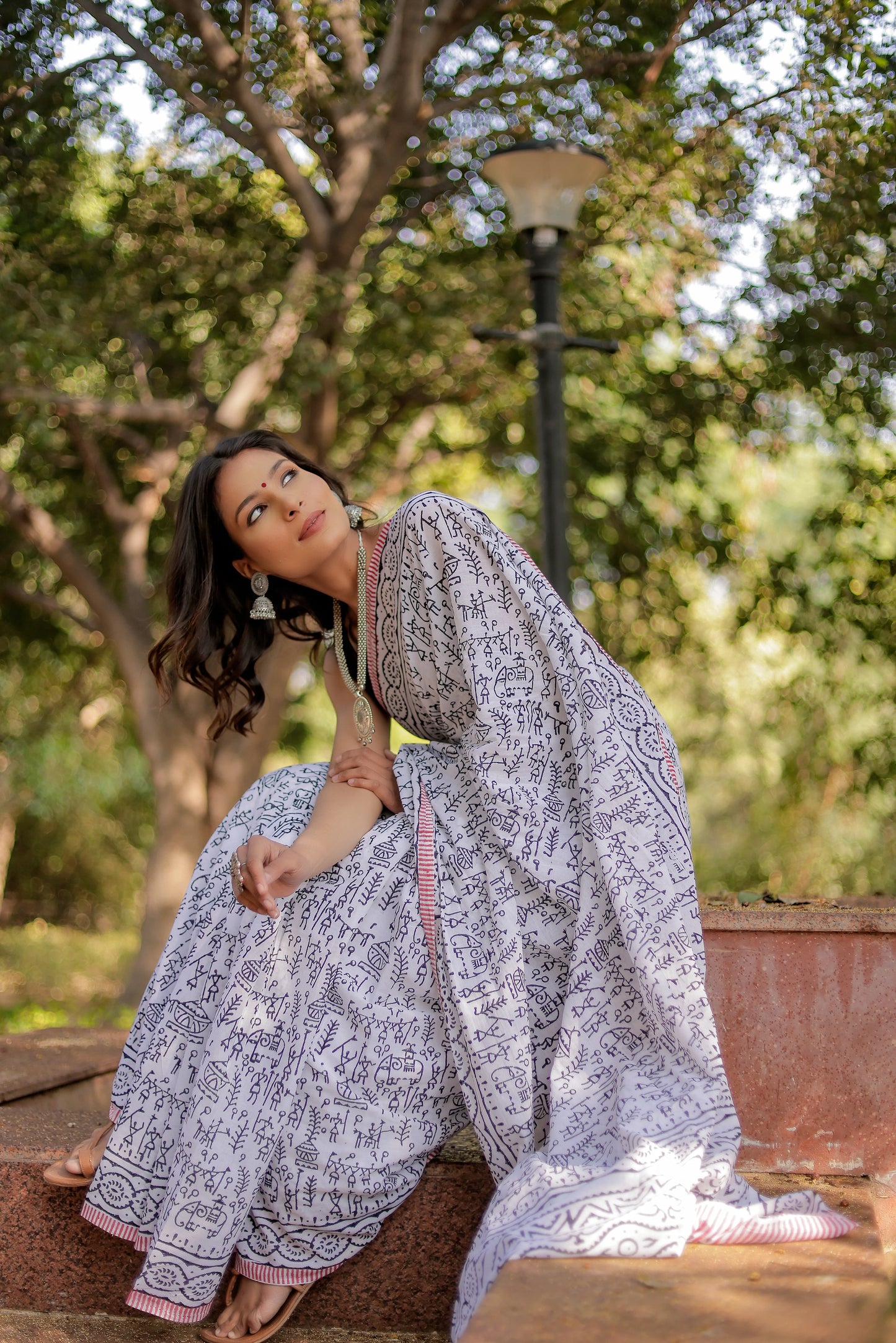 White warli (animal) Block Print Pure Cotton Saree