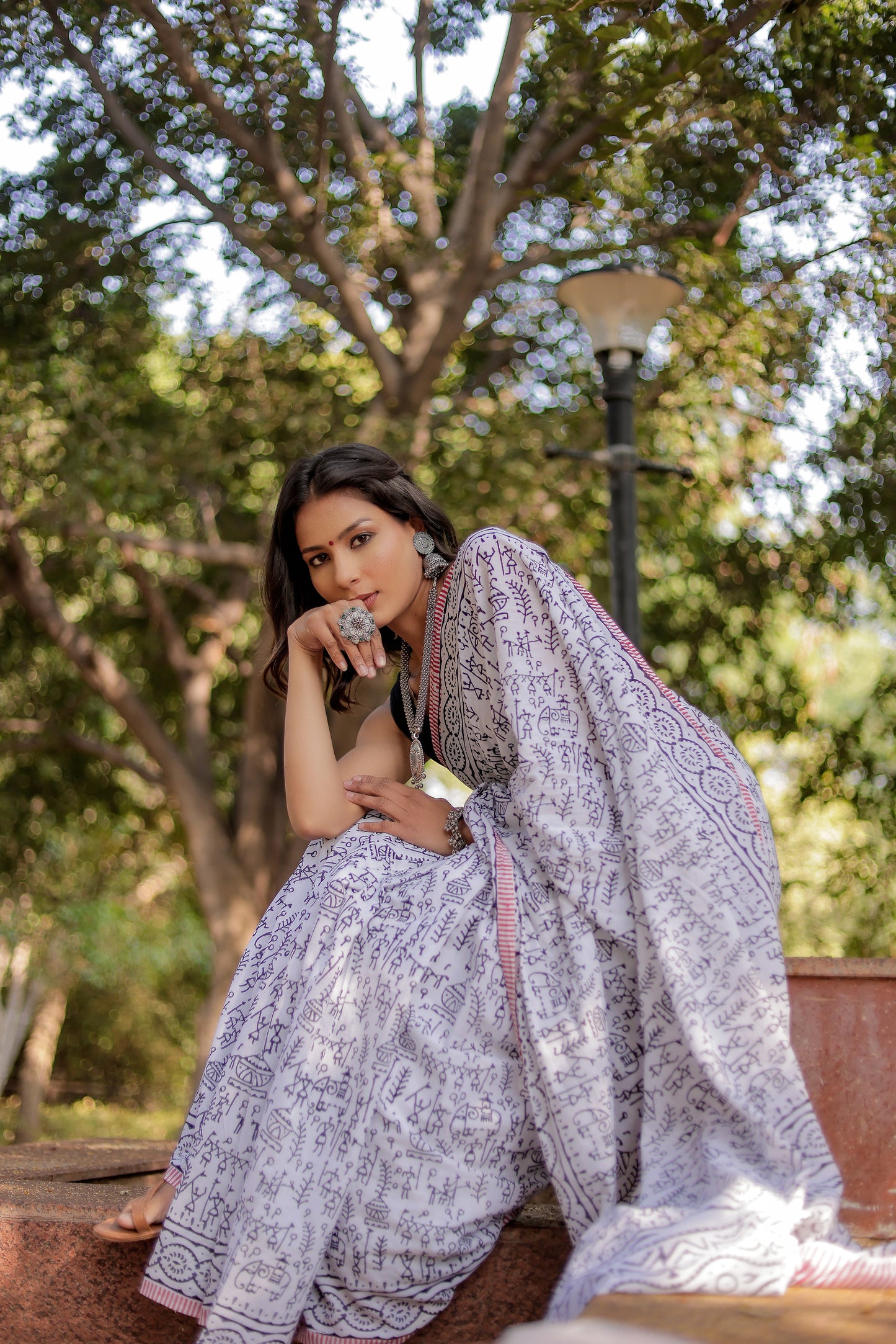 White warli (animal) Block Print Pure Cotton Saree