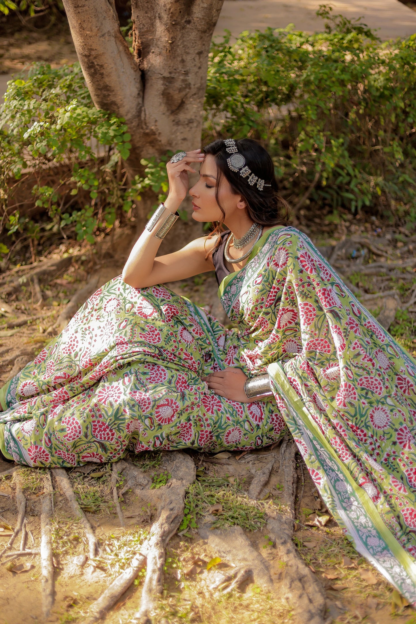 Rapid gadh green Hand Block Print Pure Cotton Saree