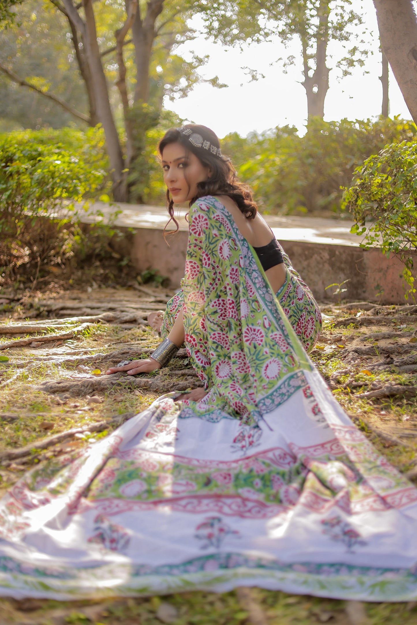 Rapid gadh green Hand Block Print Pure Cotton Saree