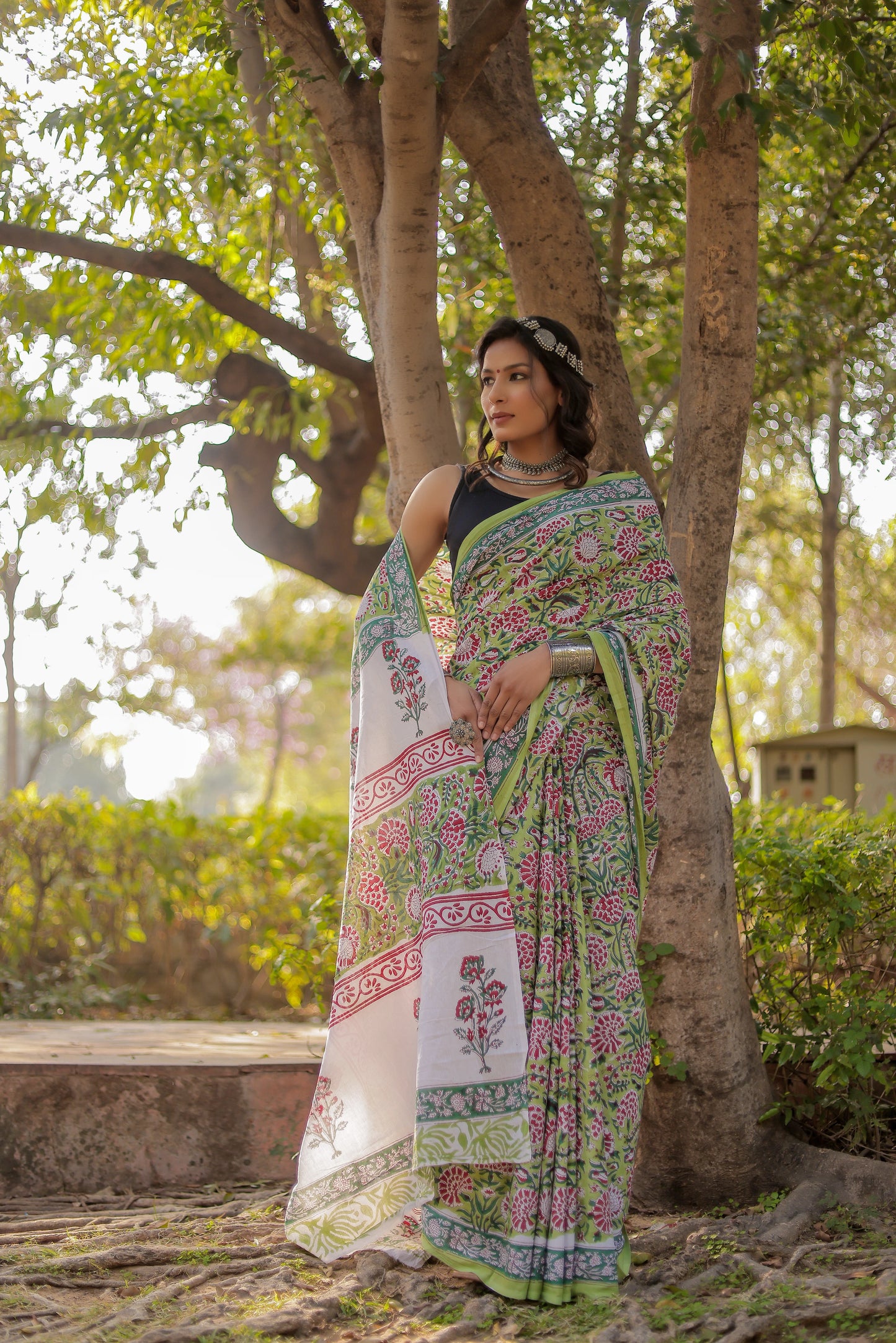 Rapid gadh green Hand Block Print Pure Cotton Saree