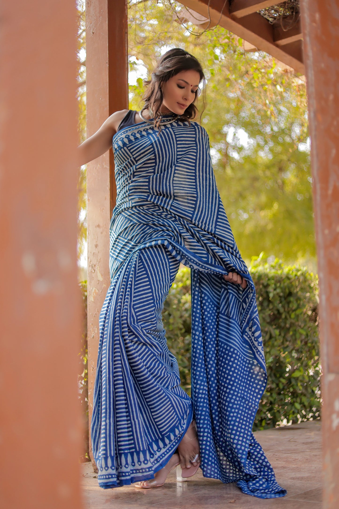 Indigo Blue Daabu Salli Block Print Pure Cotton Saree