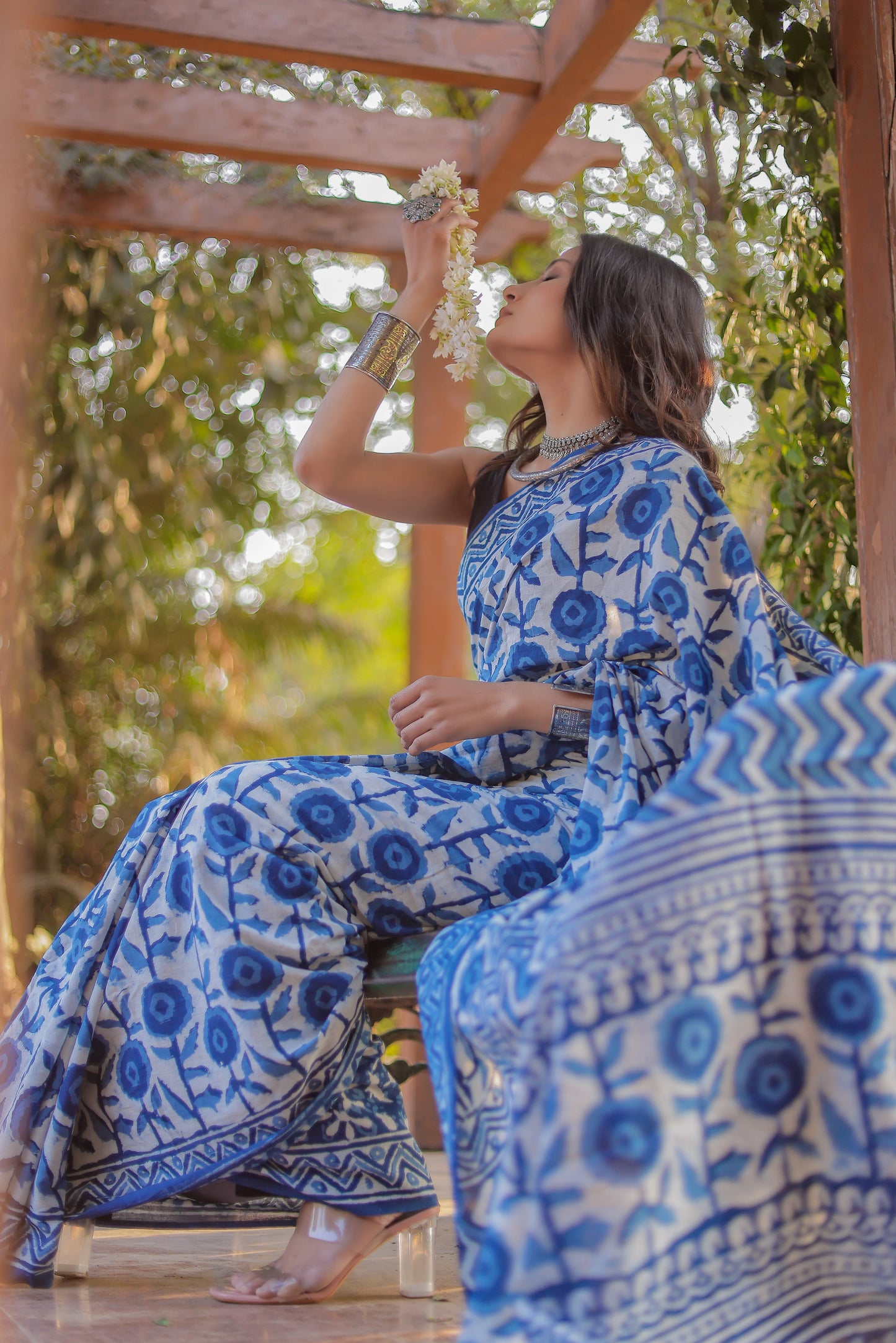 Indigo daabu pure hand block mul cotton saree