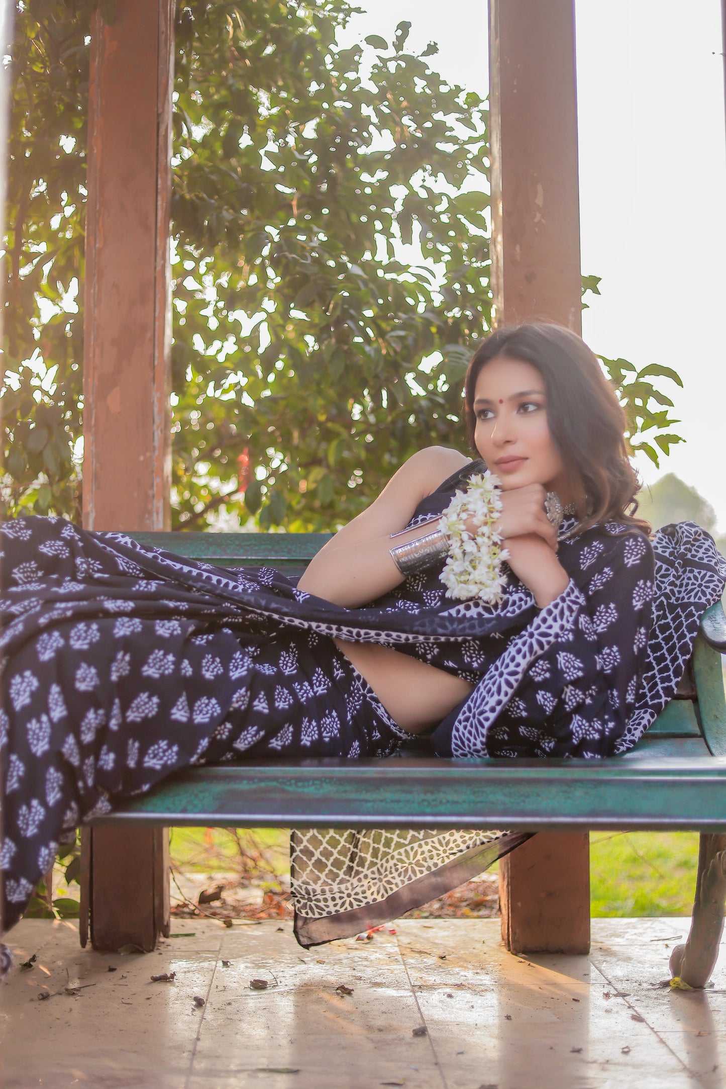 Black booti Hand Block Pure Cotton Saree
