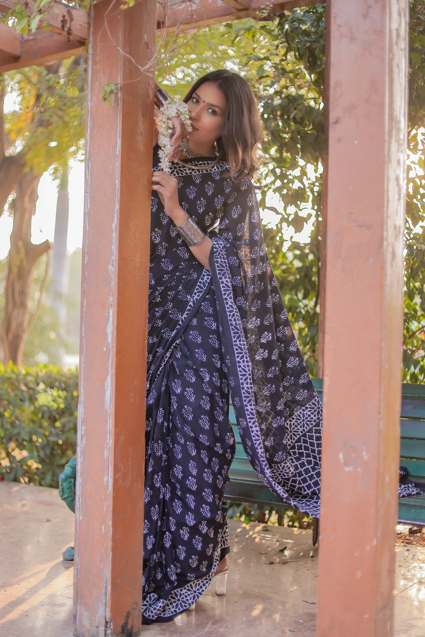 Black booti Hand Block Pure Cotton Saree