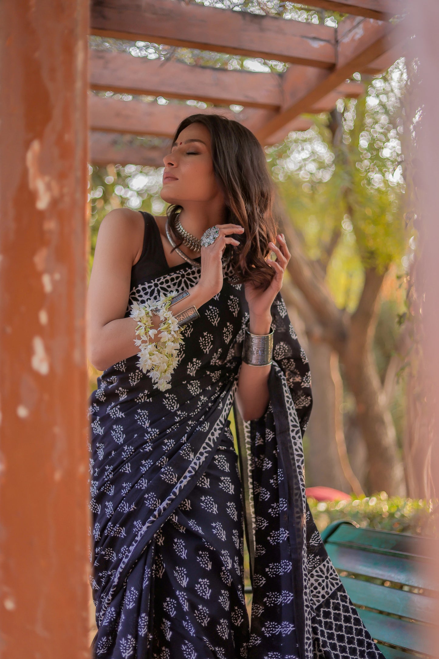 Black booti Hand Block Pure Cotton Saree