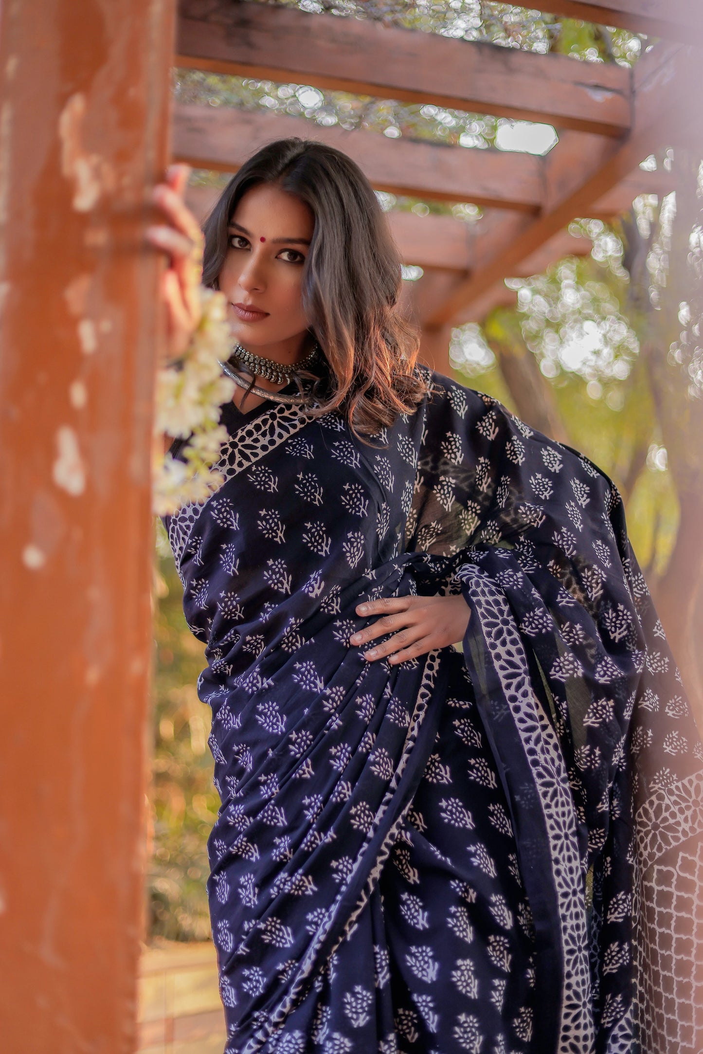 Black booti Hand Block Pure Cotton Saree