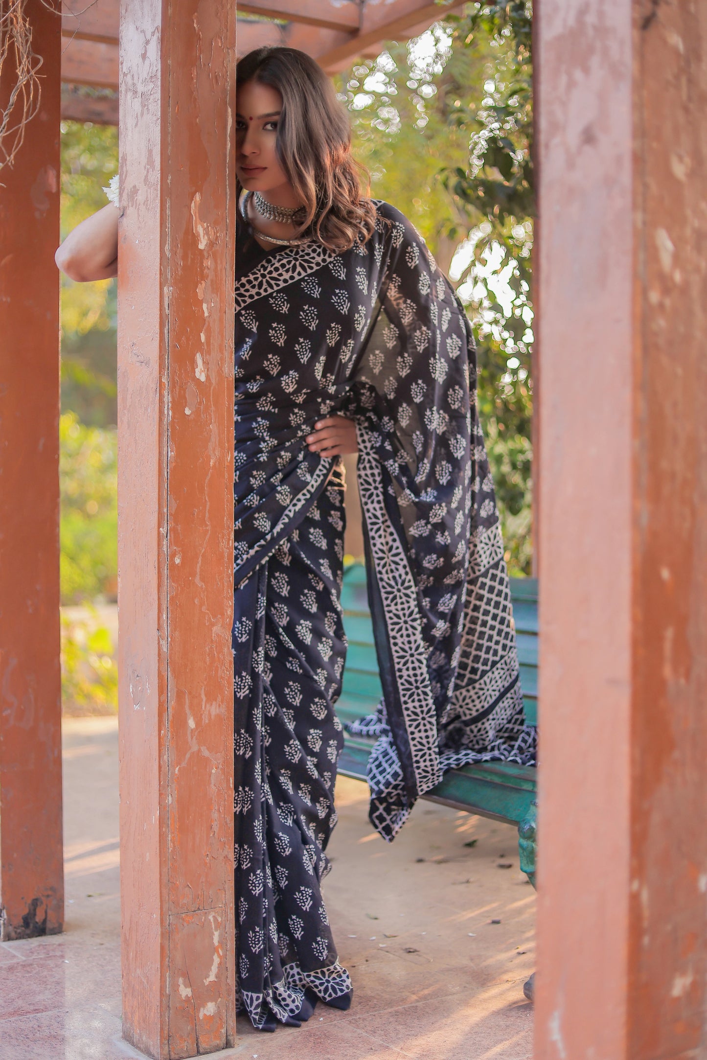 Black booti Hand Block Pure Cotton Saree