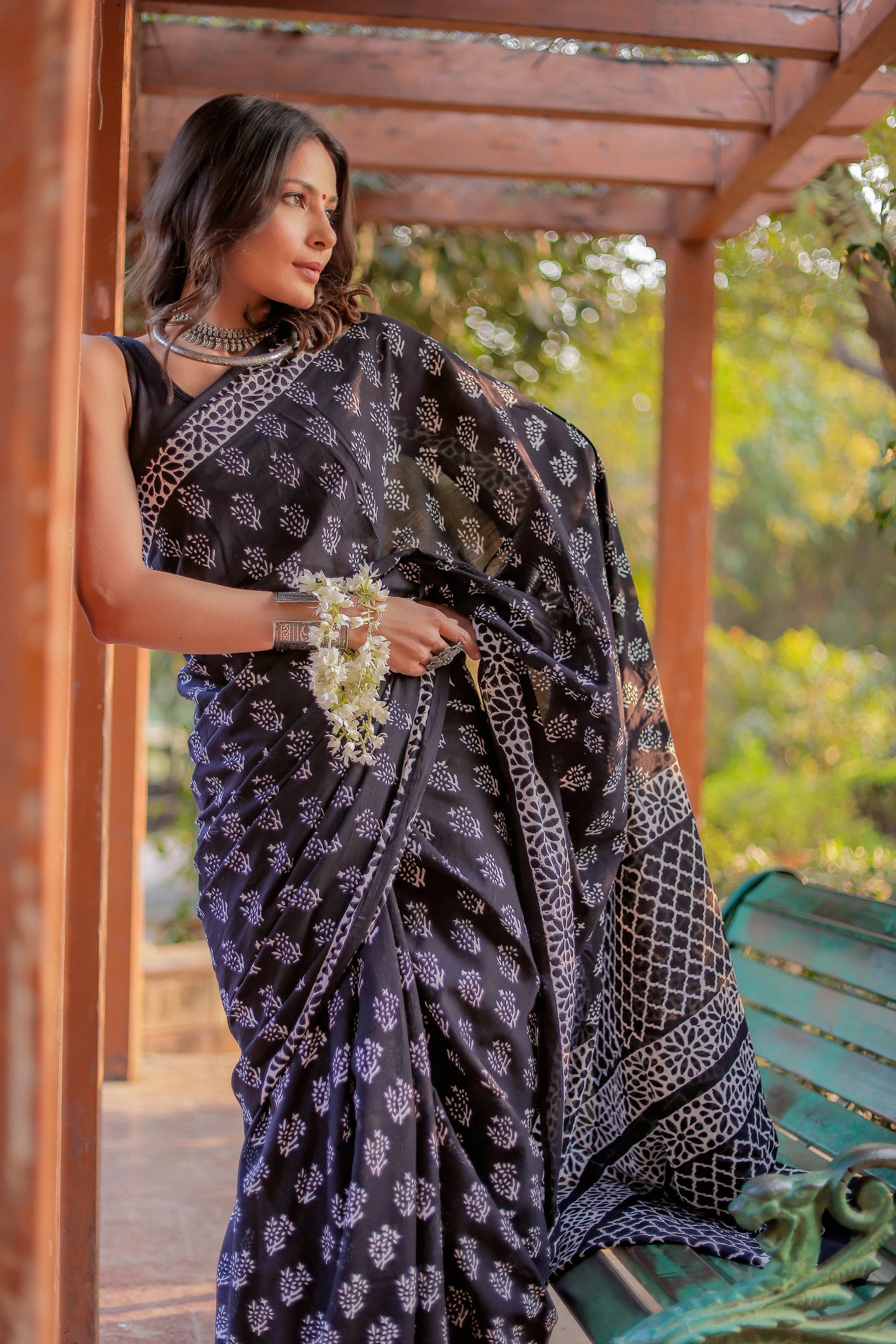 Black booti Hand Block Pure Cotton Saree