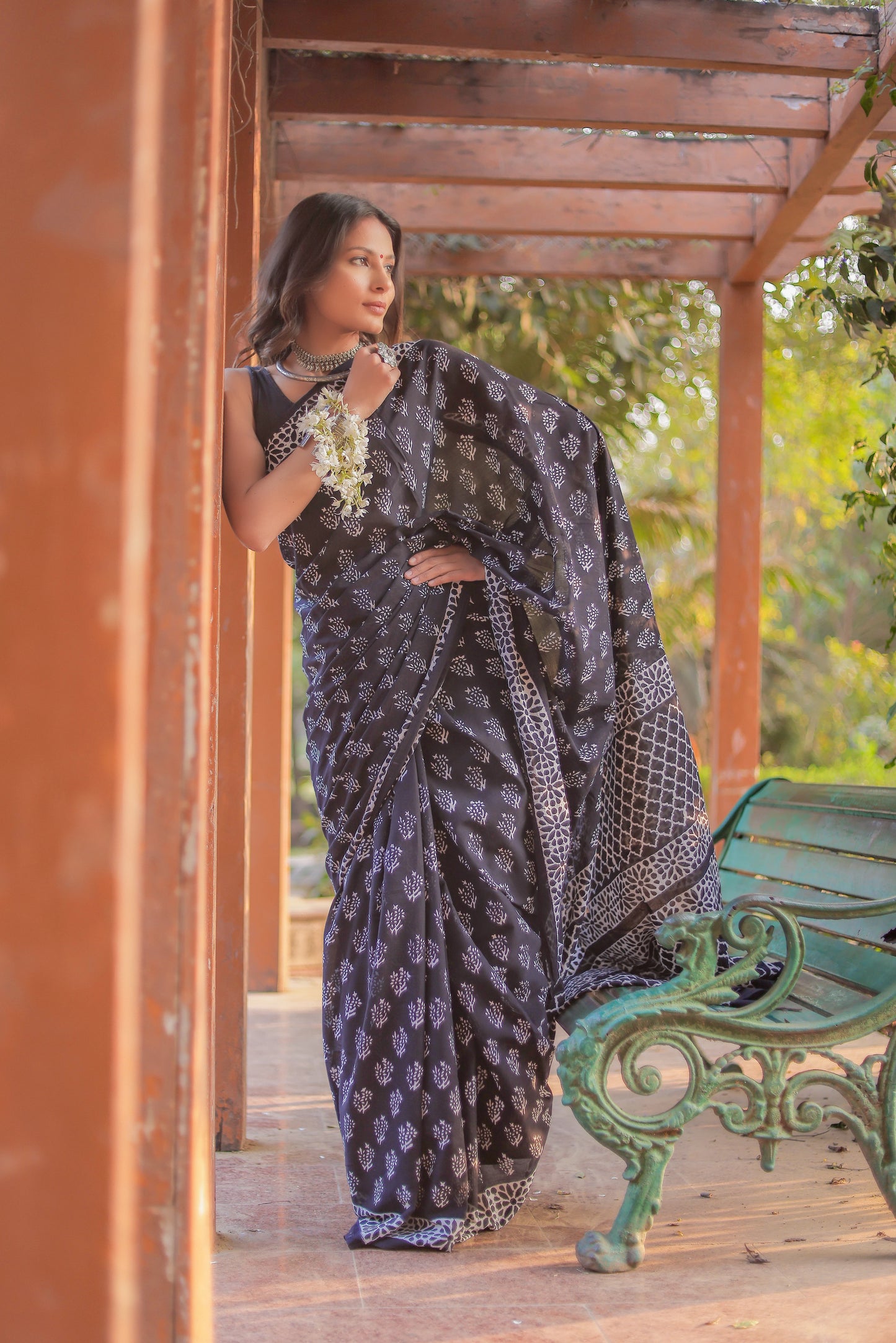 Black booti Hand Block Pure Cotton Saree