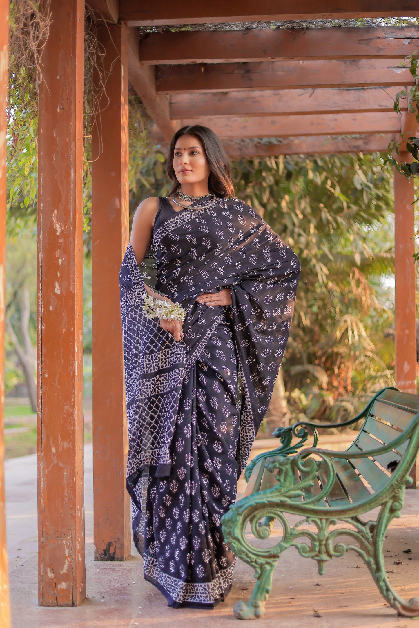 Black booti Hand Block Pure Cotton Saree