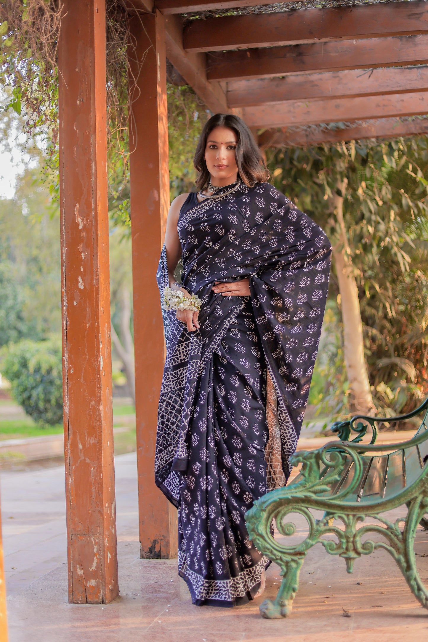 Black booti Hand Block Pure Cotton Saree