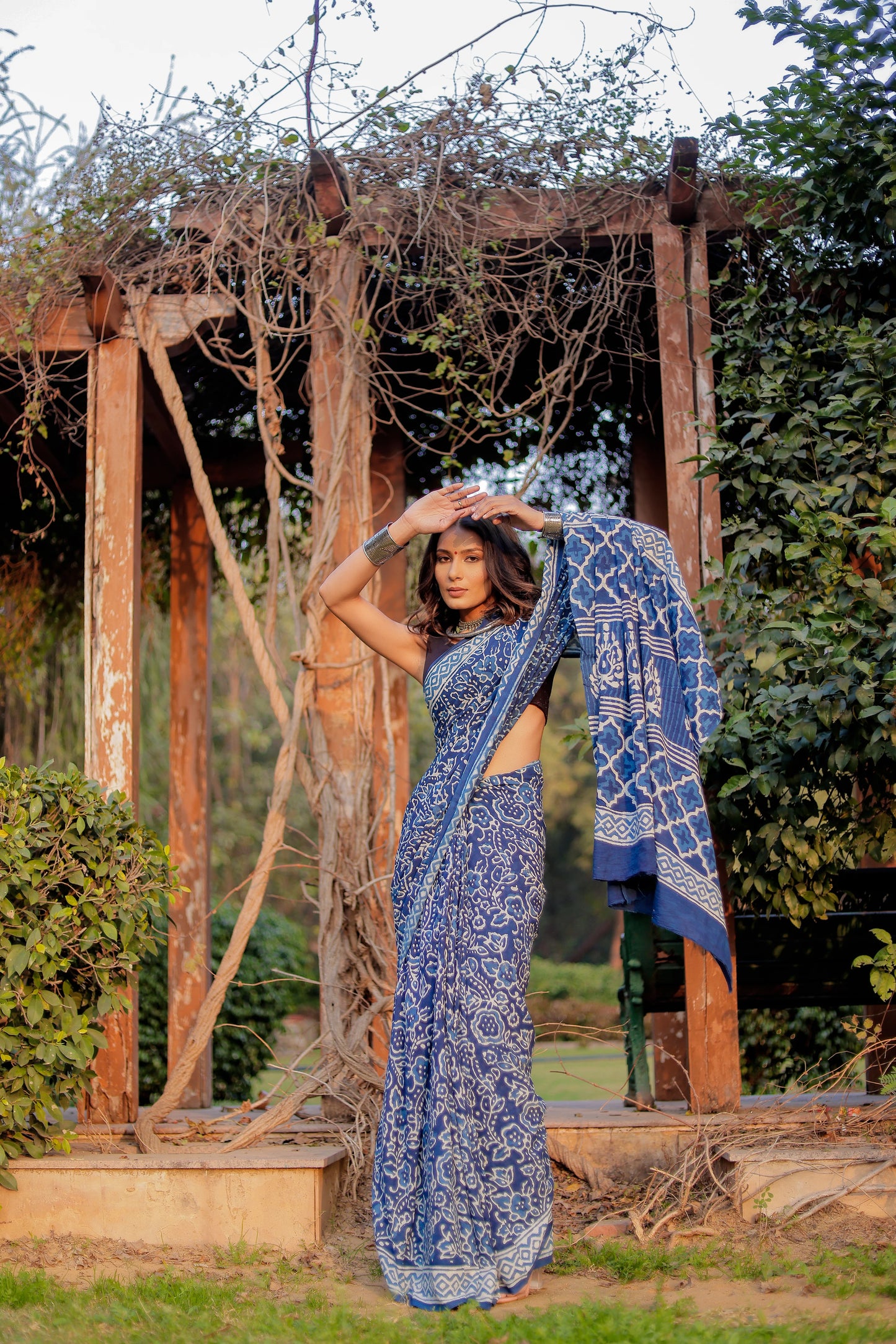 Indigo daabu jaal pure hand block mul cotton saree