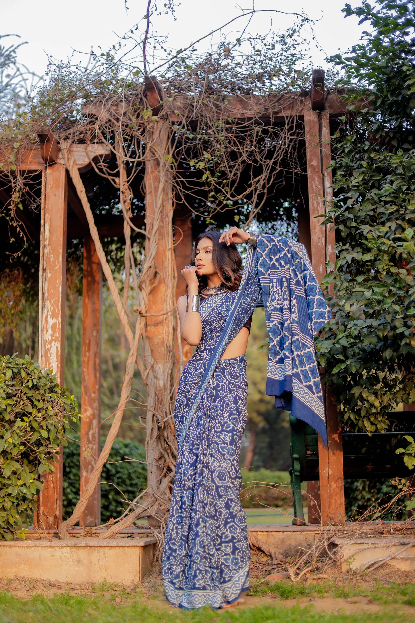 Indigo daabu jaal pure hand block mul cotton saree
