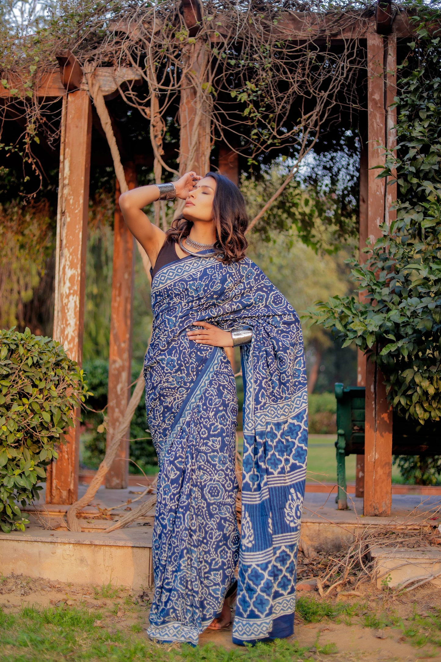 Indigo daabu jaal pure hand block mul cotton saree