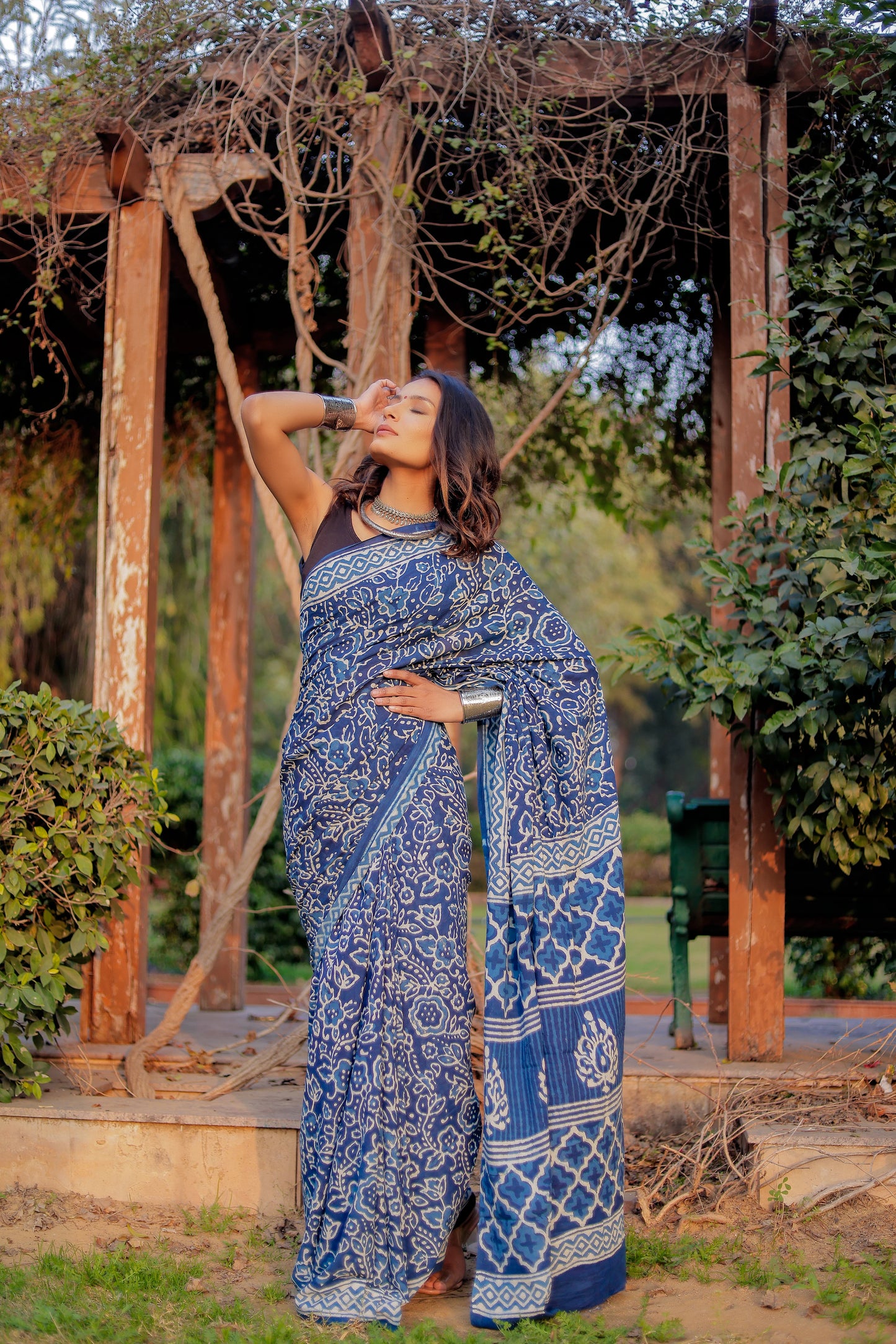 Indigo daabu jaal pure hand block mul cotton saree