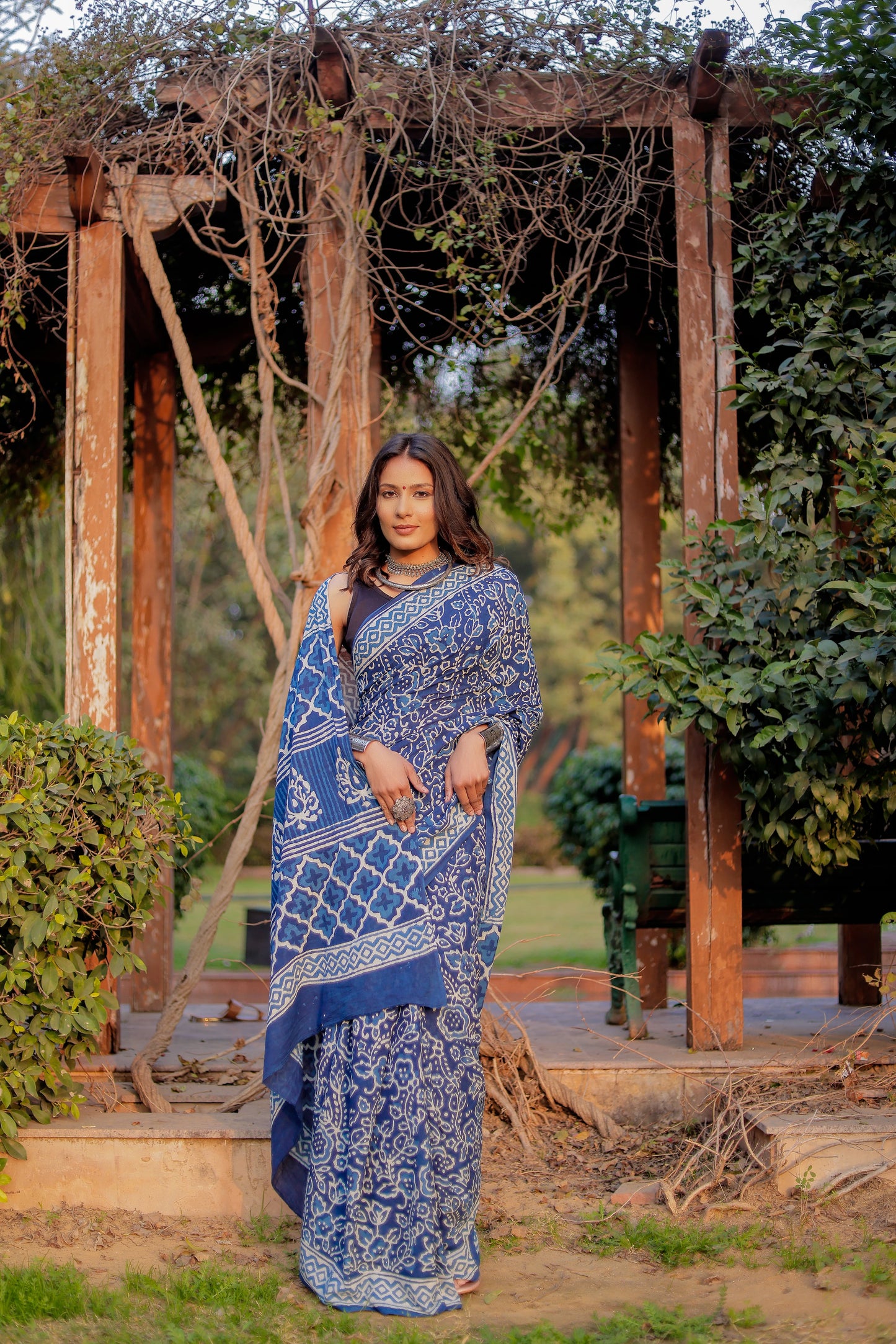 Indigo daabu jaal pure hand block mul cotton saree