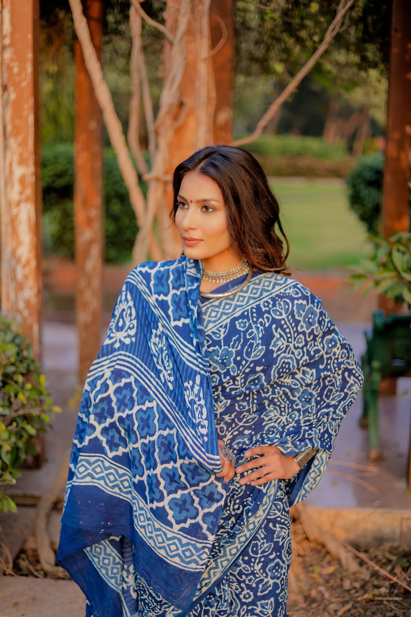 Indigo daabu jaal pure hand block mul cotton saree