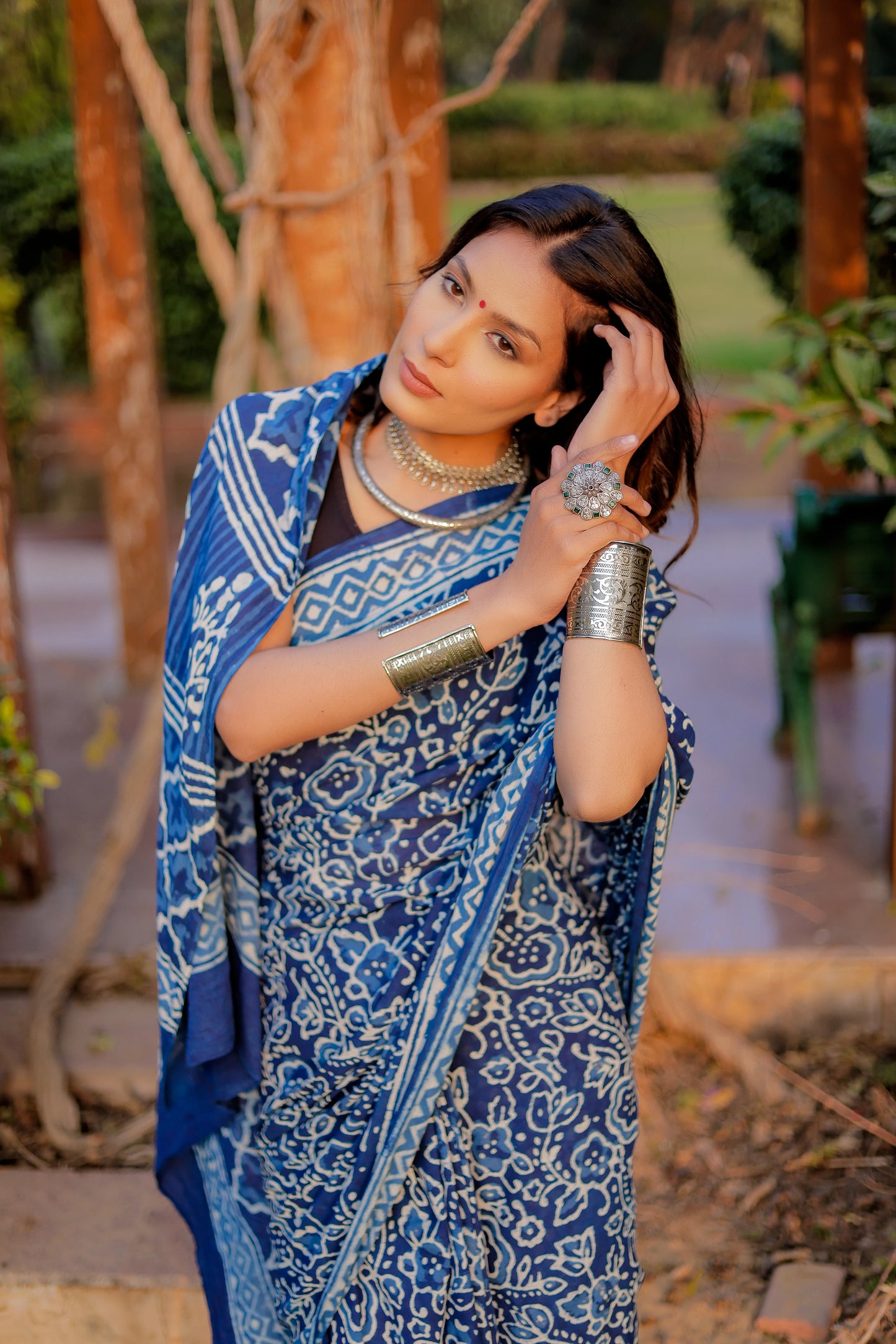 Indigo daabu jaal pure hand block mul cotton saree