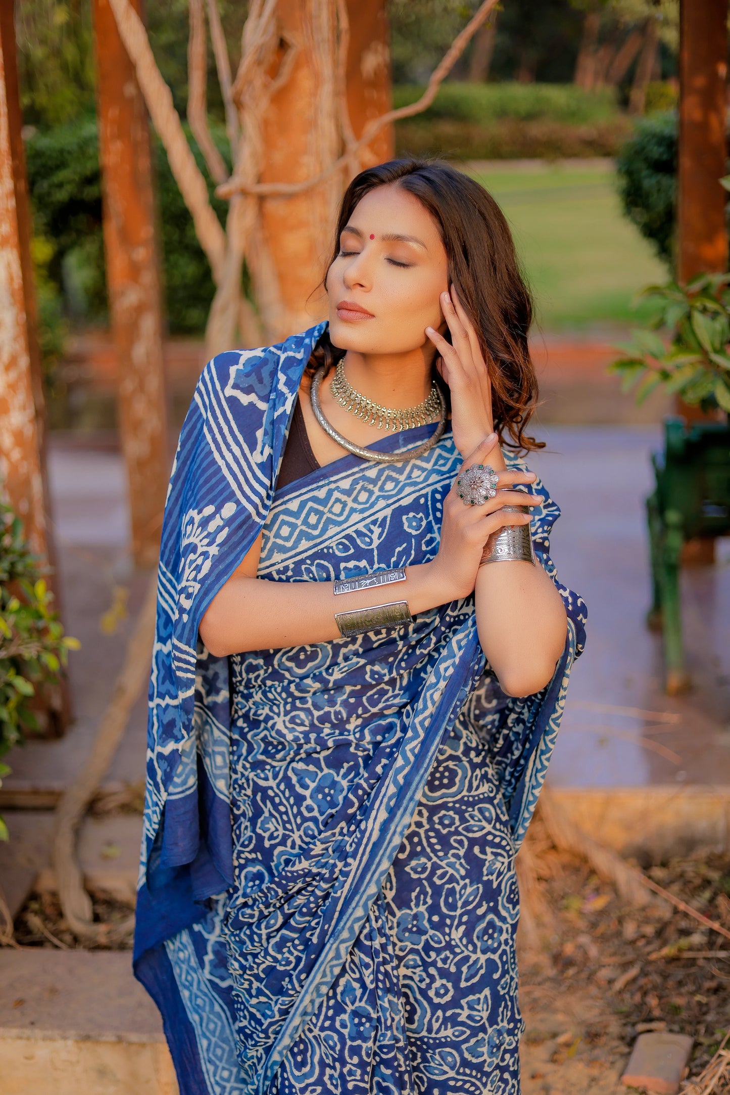 Indigo daabu jaal pure hand block mul cotton saree