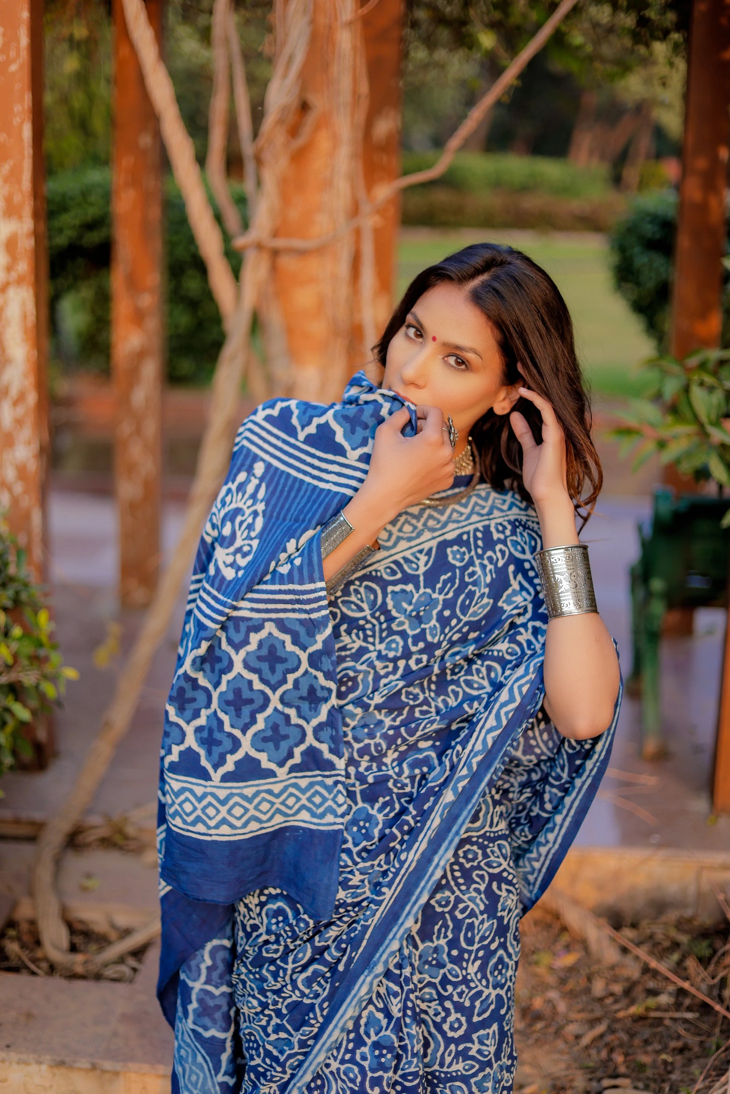 Indigo daabu jaal pure hand block mul cotton saree