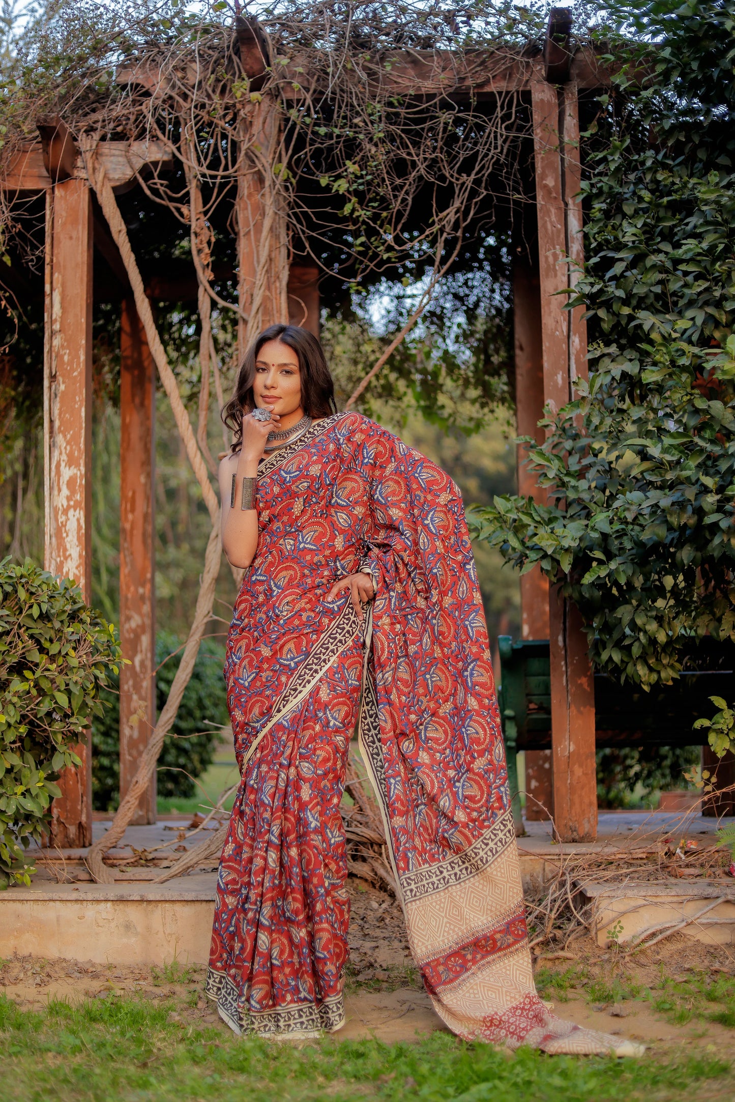 Bagru gadh red jaal Block Print Pure Cotton Saree