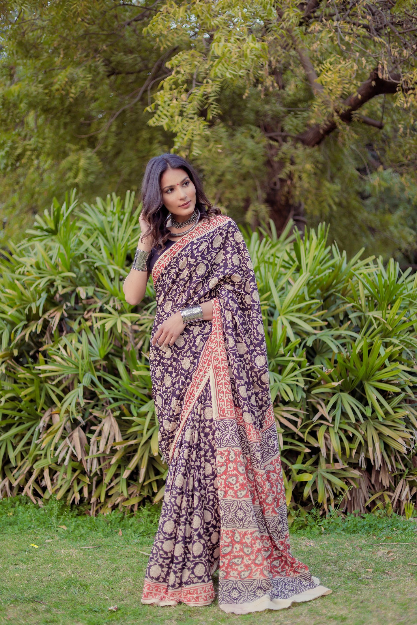 Bagru bagh black color Block Print Pure Cotton Saree