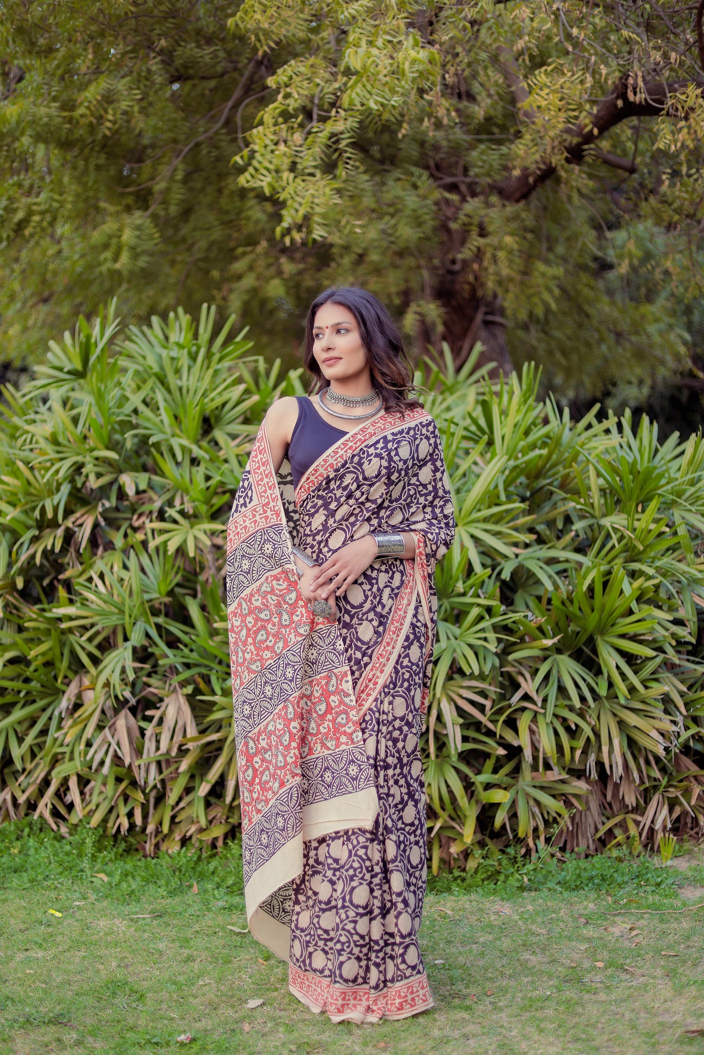 Bagru bagh black color Block Print Pure Cotton Saree