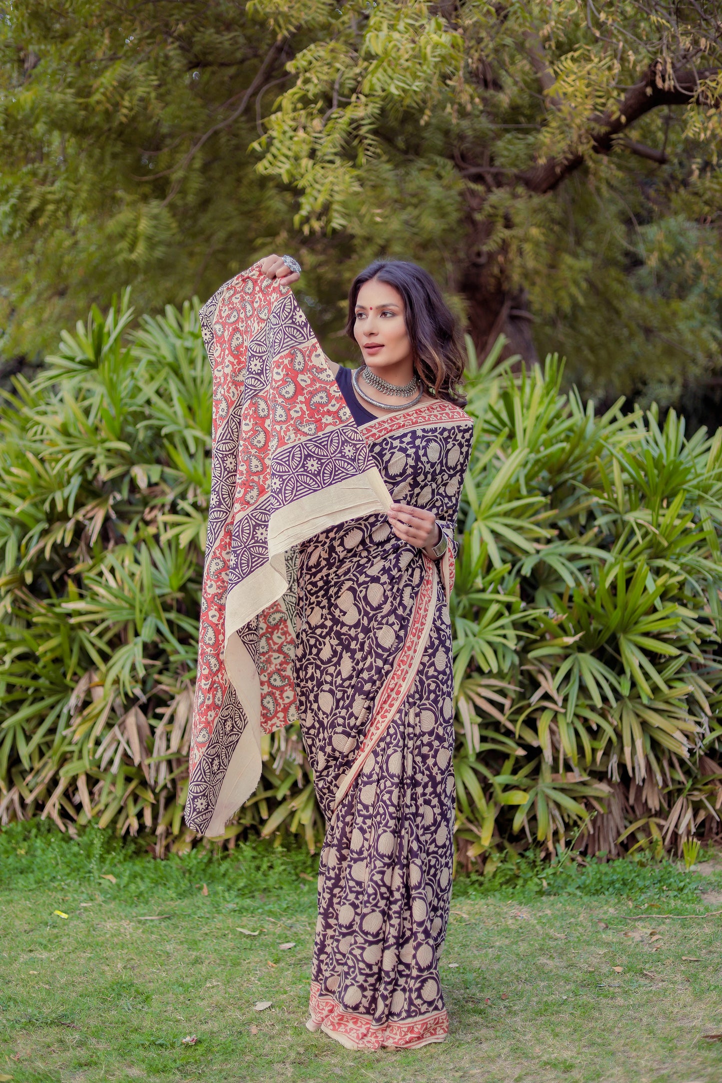 Bagru bagh black color Block Print Pure Cotton Saree