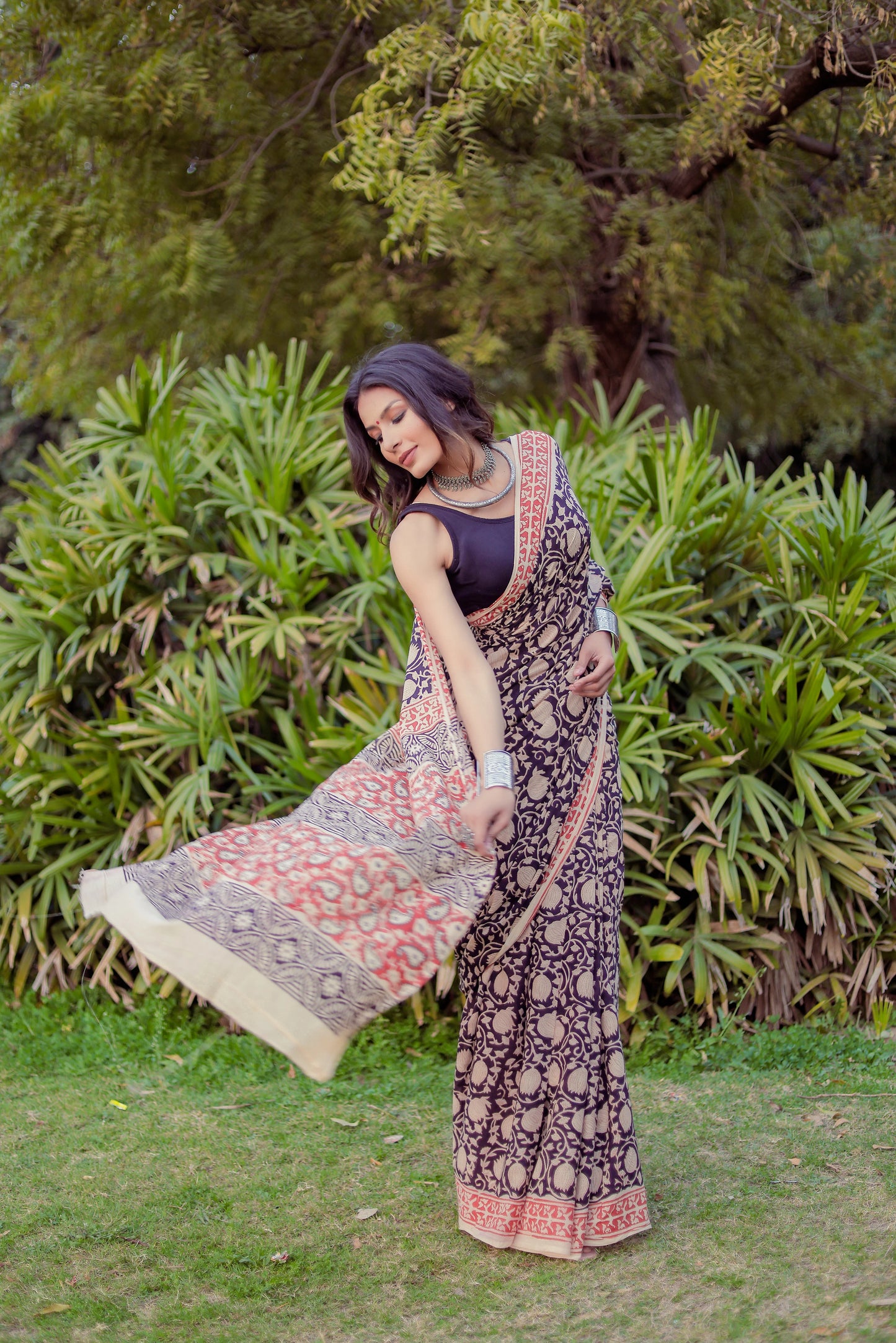 Bagru bagh black color Block Print Pure Cotton Saree