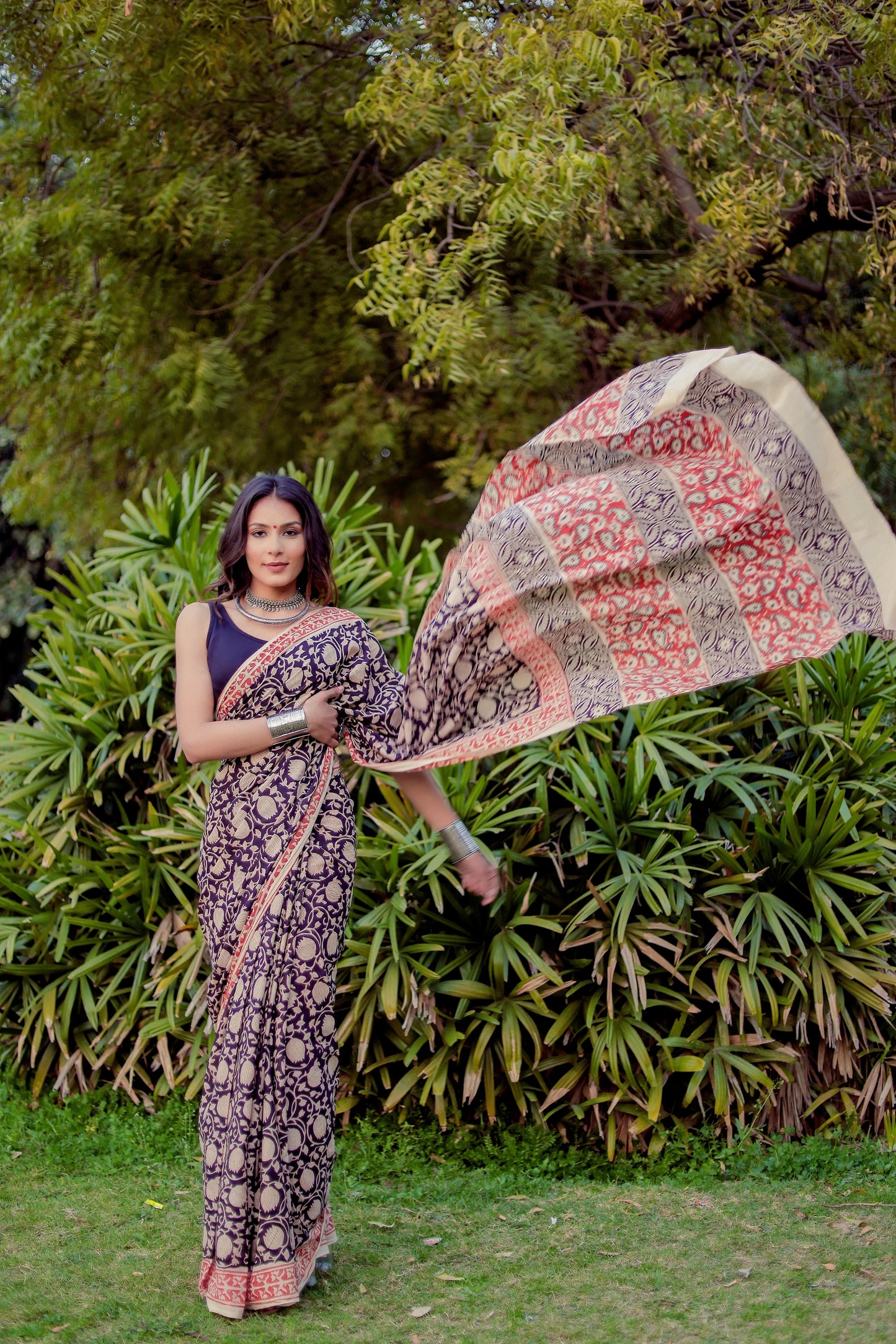 Bagru bagh black color Block Print Pure Cotton Saree