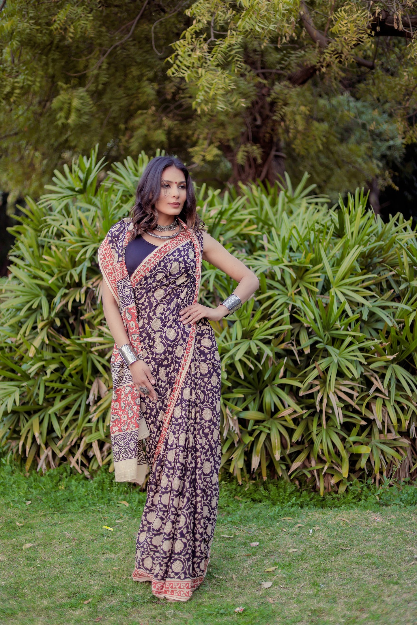 Bagru bagh black color Block Print Pure Cotton Saree