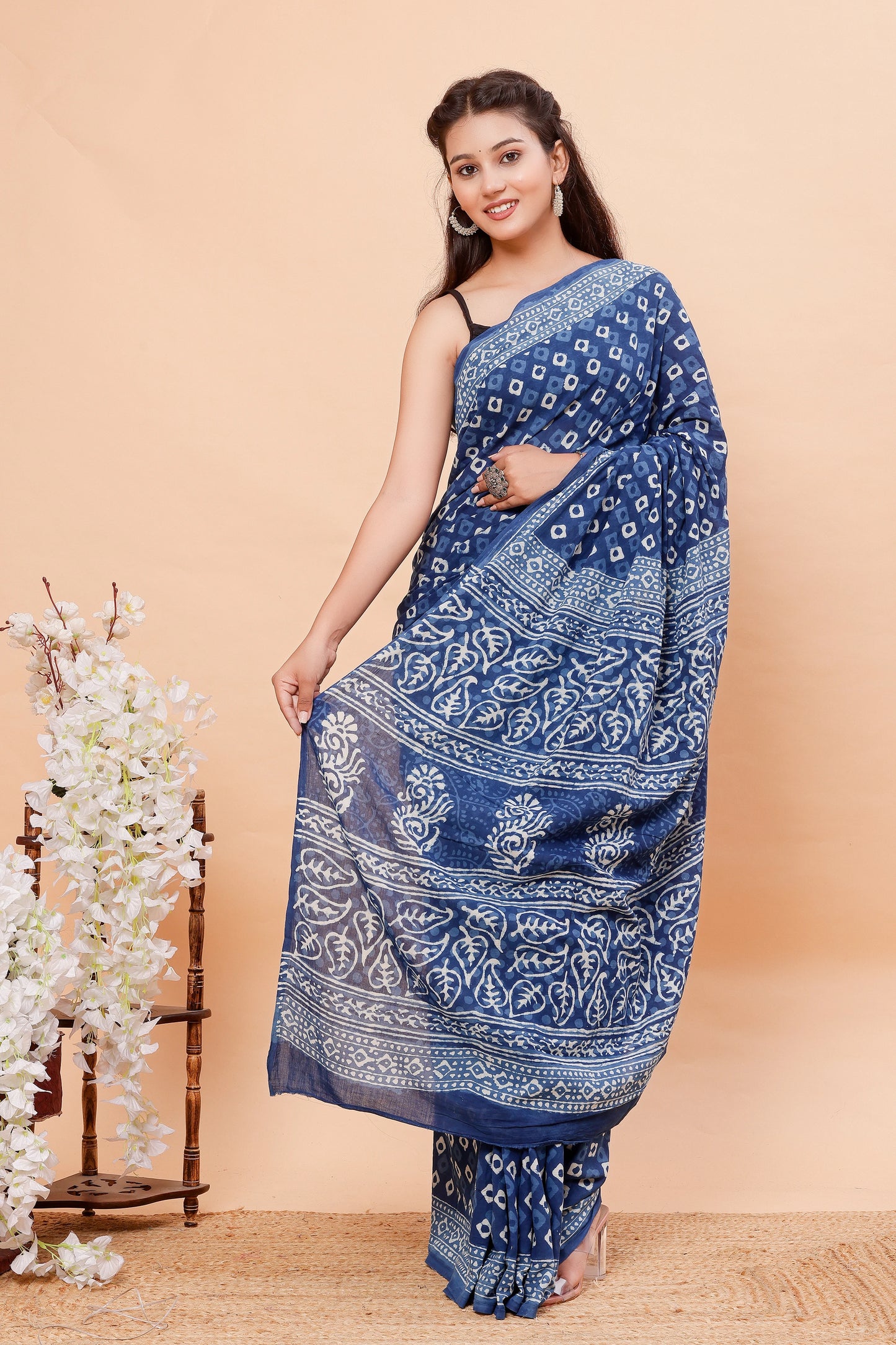 Hand Block Printed Mul Cotton Saree (Indigo Print)