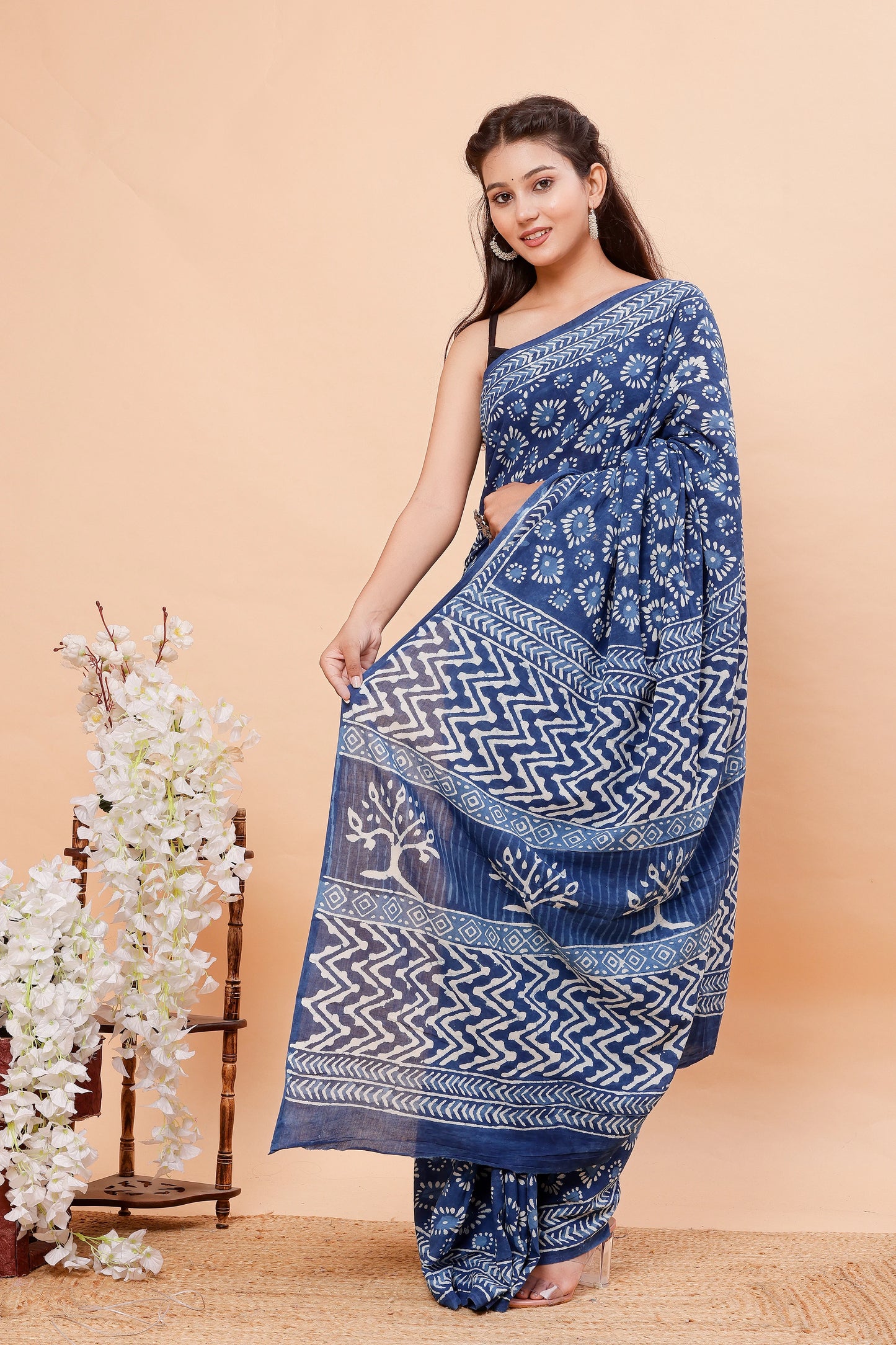 Indigo geometric Hand Block Printed Mul Cotton Saree (Indigo Dabu)