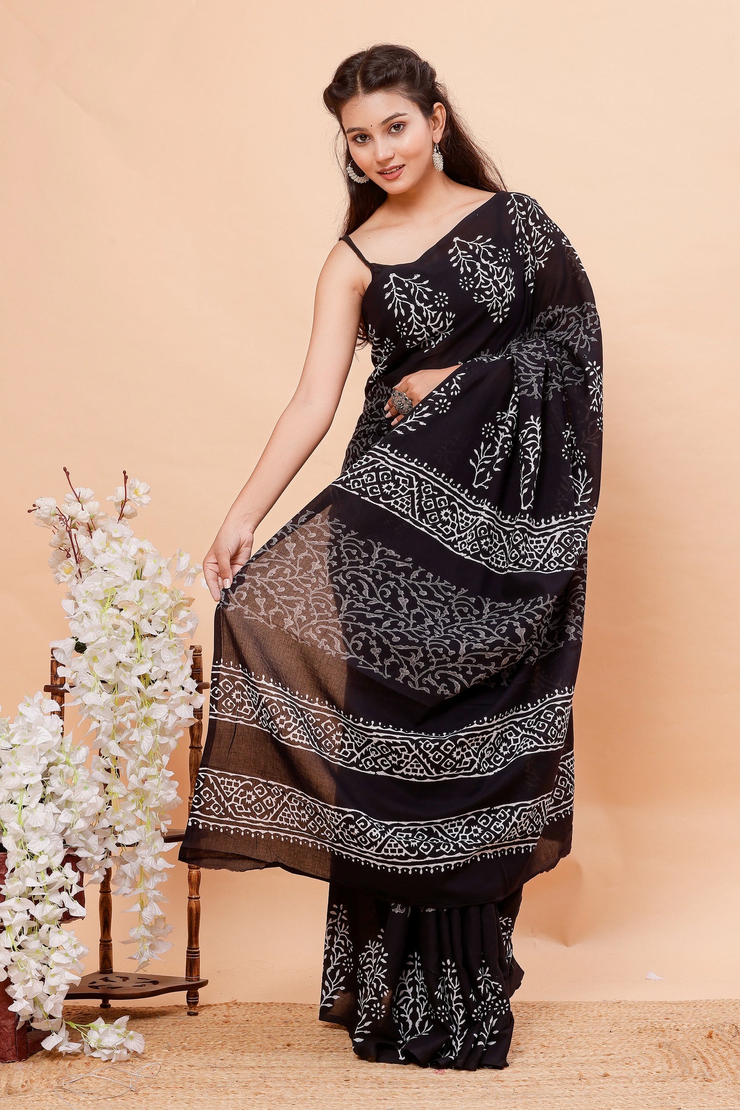 Black jaal - mul cotton saree -100% Hand Block Print