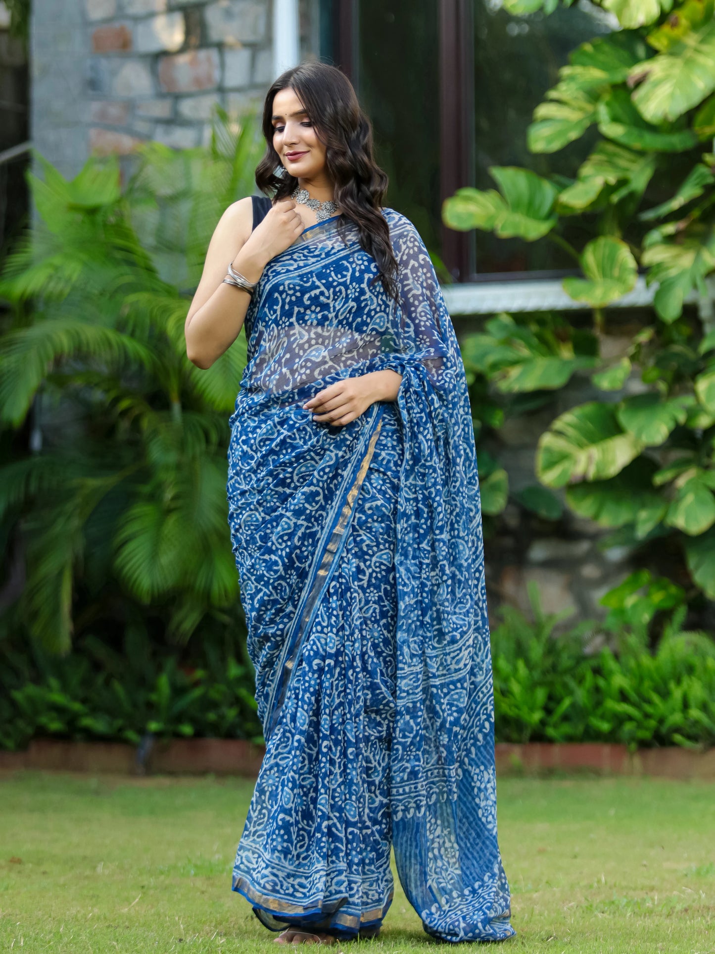 Indigo Kairi Block Printed Pure Kota Doria Saree
