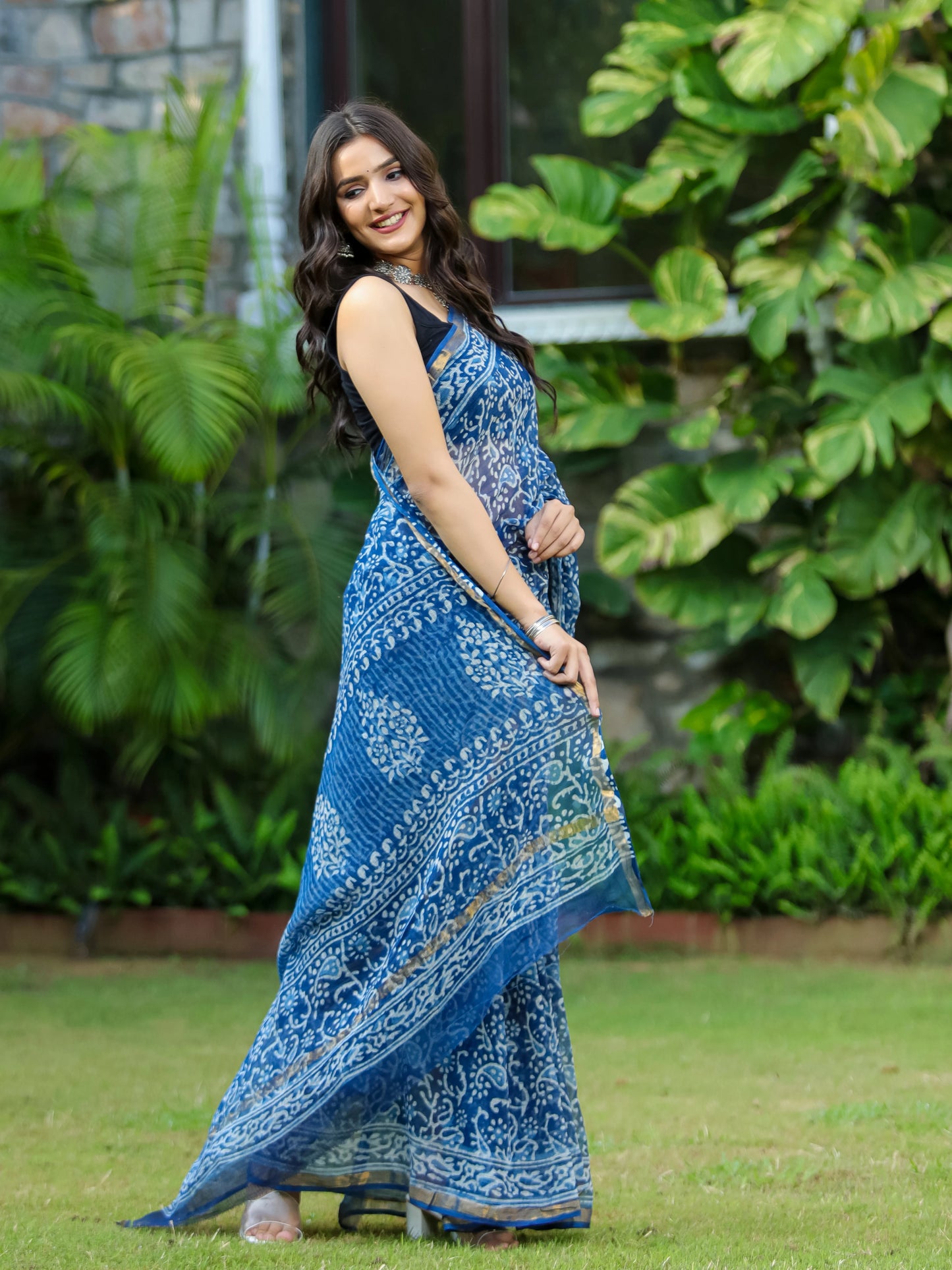 Indigo Kairi Block Printed Pure Kota Doria Saree