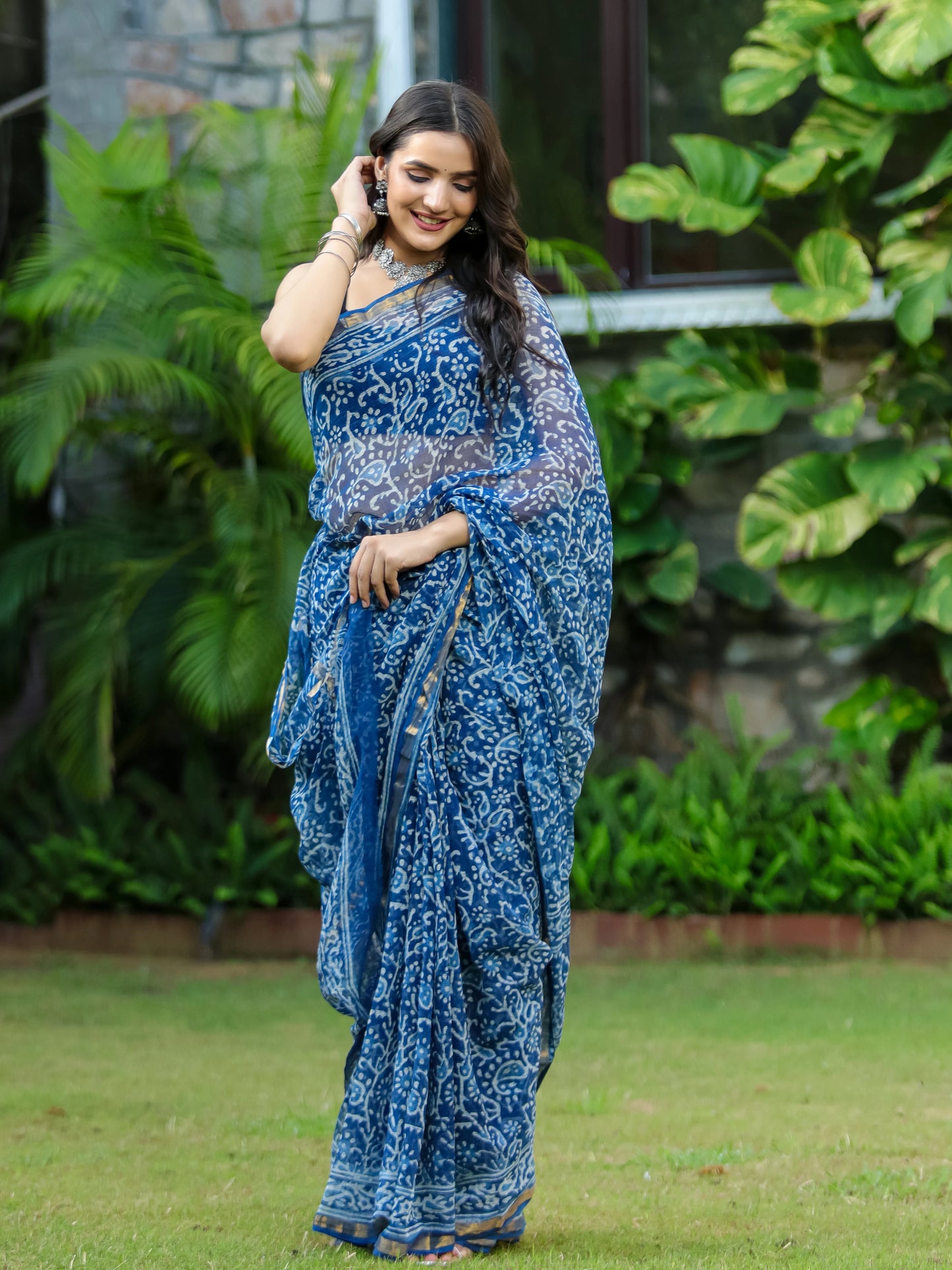 Indigo Kairi Block Printed Pure Kota Doria Saree