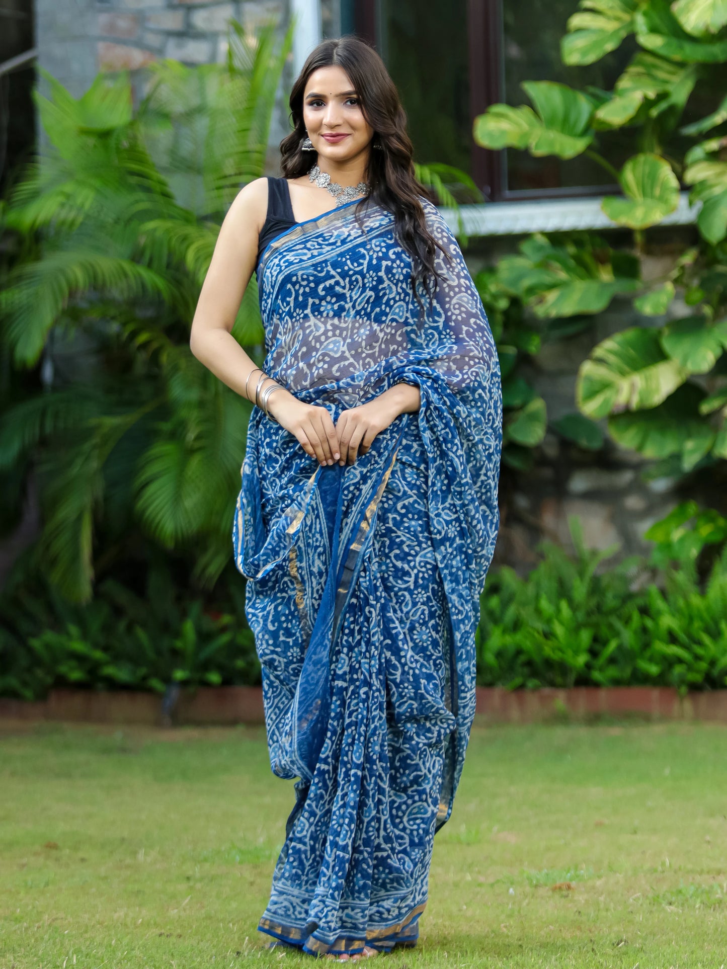 Indigo Kairi Block Printed Pure Kota Doria Saree