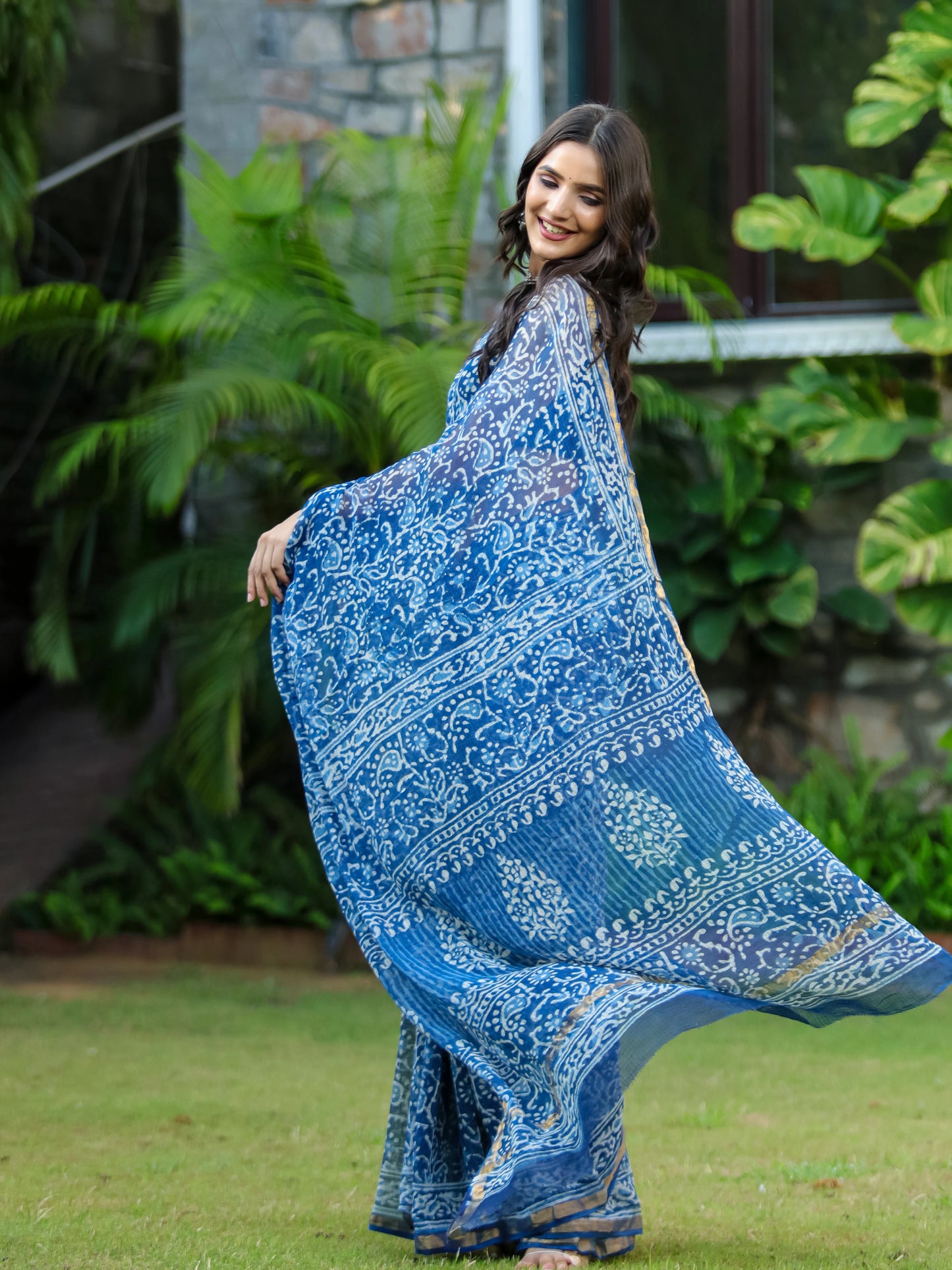 Indigo Kairi Block Printed Pure Kota Doria Saree